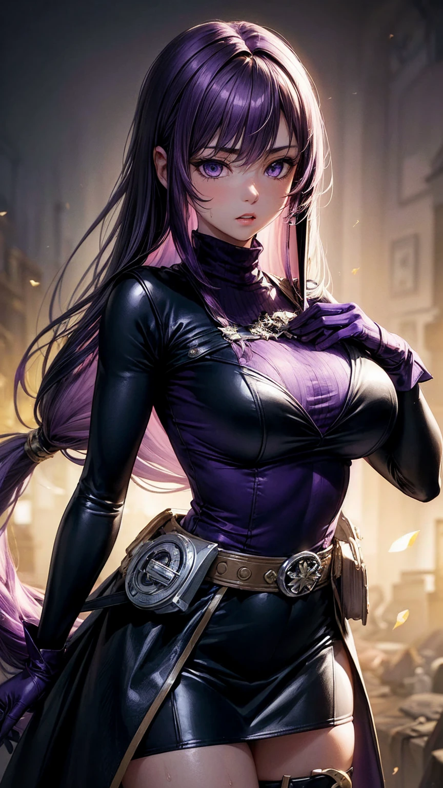 1girll,Gorgeous Hair in Long Purple,Purple jumpsuit,Tattooed with,There is a red string around the waist,Purple boots,Thigh leg rings,The right hand releases a purple energy glow,Hands full breasts, Convex buttocks, city ruins,holy rays,A desert,Detailed background, Clothing details, perfectly proportioned, filmgrain, Fuji colors, lightand shade contrast, tmasterpiece, high detal, high qulity, A high resolution, Cinematic lighting, 8K, Textured skin, Super detail