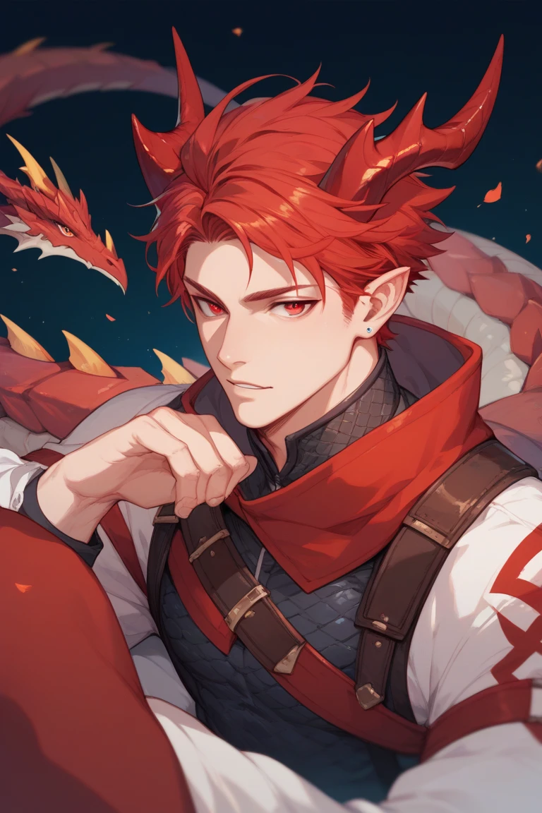 man-dragon, white-red hair, short hair, red horns, red eyes, dragon tail