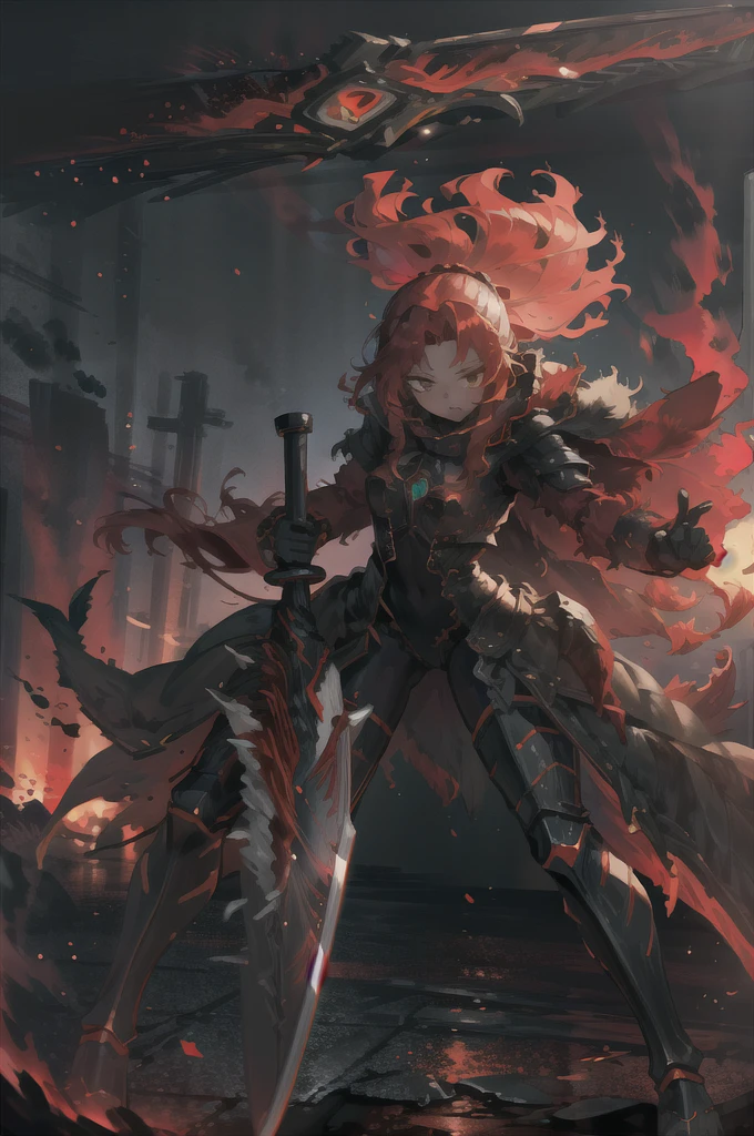  best details, masterpiece,  top quality,  black armor,Red luminous texture , Red Cape, Alone,  torn clothes,( holds a mimicly sword:1.1), Dynamic，woman，Red mist