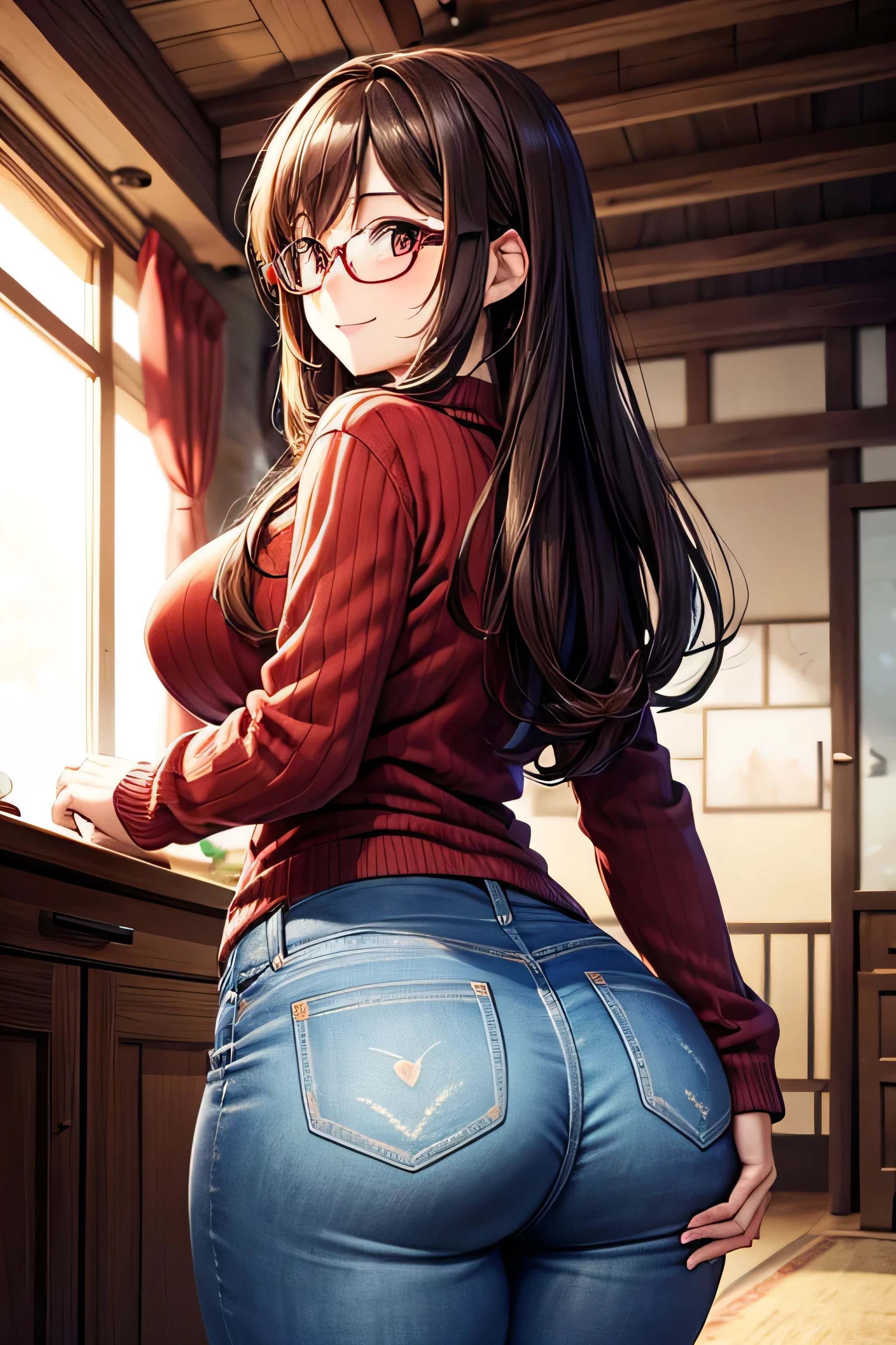 First Love Memories,
Five Fingers, No extra hands needed, 
 anime art style, high definition ,  High Quality ,  1 girl, Long brown hair,  brown eyes,heart shaped pupils,  red glasses, Sunburned skin,  Super Big Breasts , HH size bust,beautiful breasts,( big butt ),beautiful ass,smile, sweater ,jeans, warm room,carpet,椅子に座る,Roast Chicken,  wine glass ,