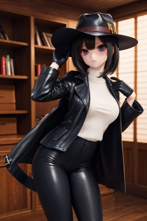 ,pale skin,1girl,((((clothed)))),blackleatherlongcoat,doll joints,doll skin,darkblackhair,Denim Leggings,leathergloves,Western Boots,blackten-gallon hat,ass focus,Navy blue blouse