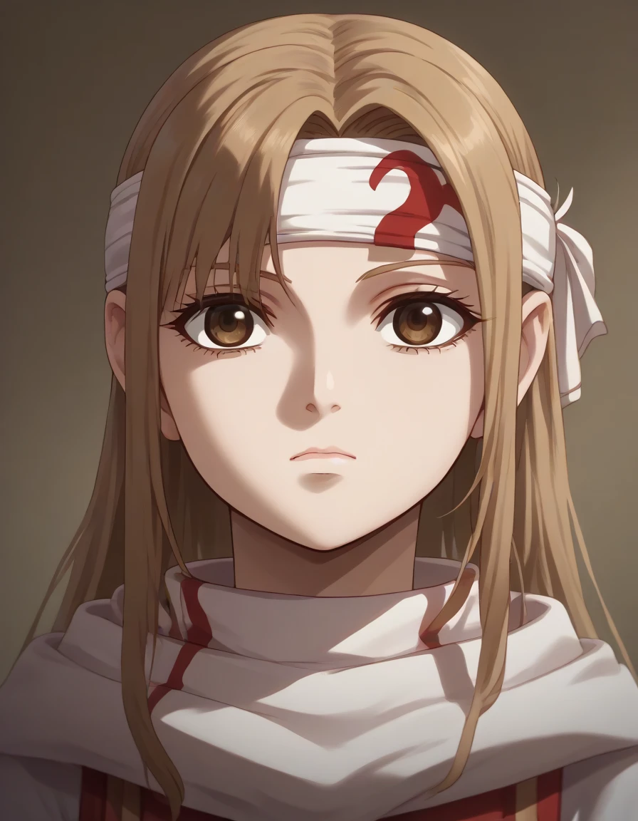 (((empty eyes)))) ((((emotionless)))) ((((expressionless)))) brown eyes very accurate clothing sharp gaze score_9, score_8_up, score_7_up, ((cowl)) headband on forehead detailed clothing beautiful girl kyoukai anime style  ((asuna yuuki))