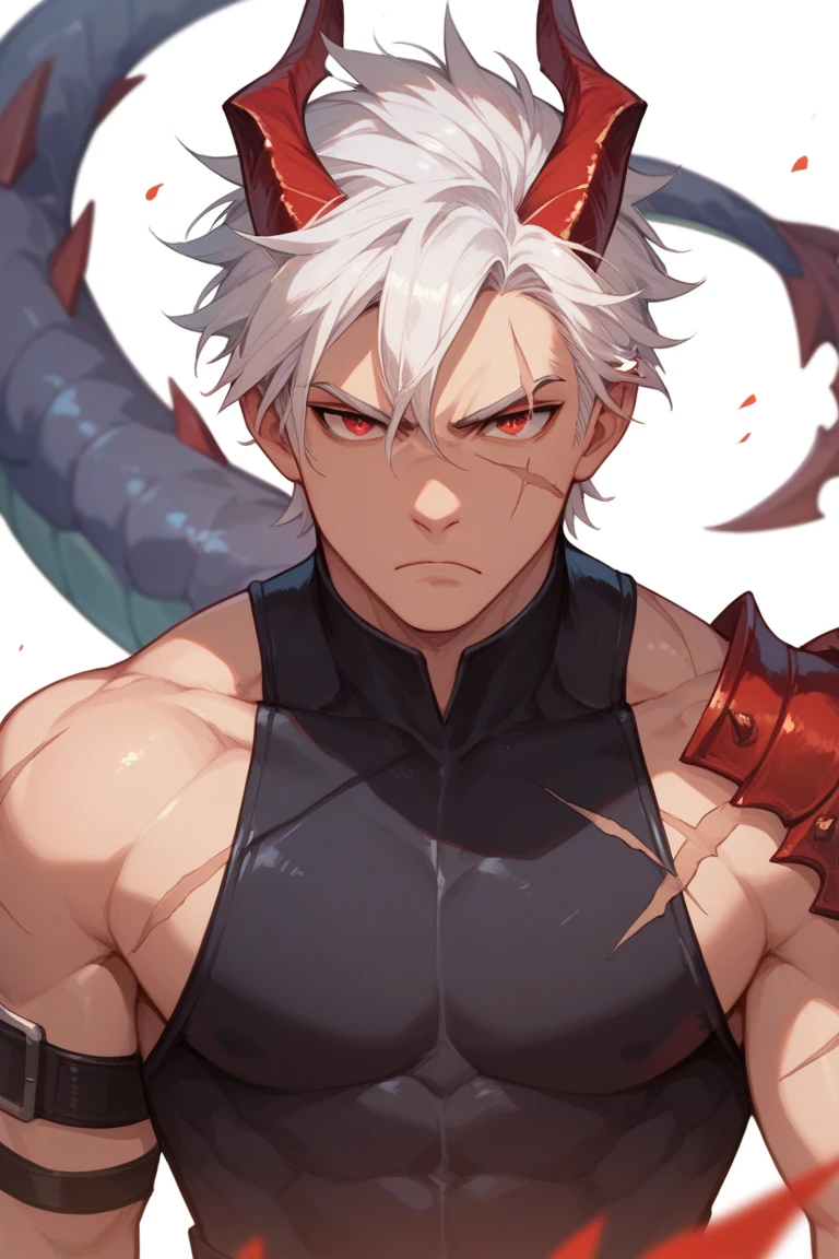 dragon man, white hair, short haircut, red horns, red eyes, dragon tail, serious, scars