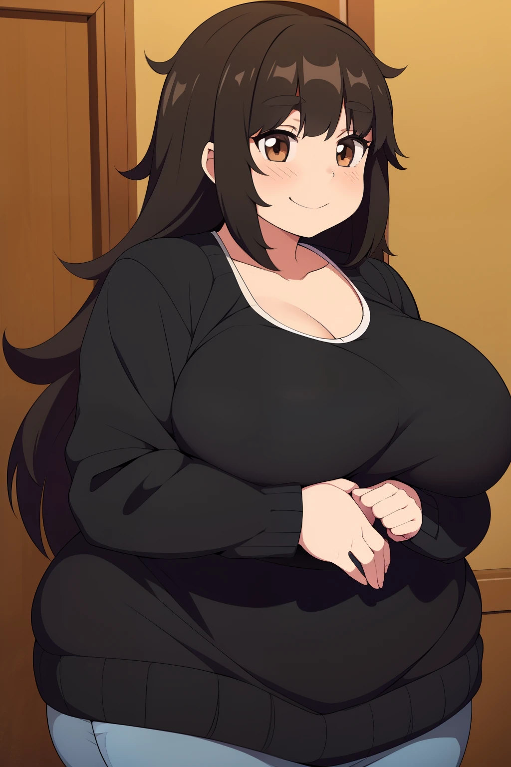 Chubby girl with big breasts brown eyes long and messy black hair smiling jinako carigiri black sweater 