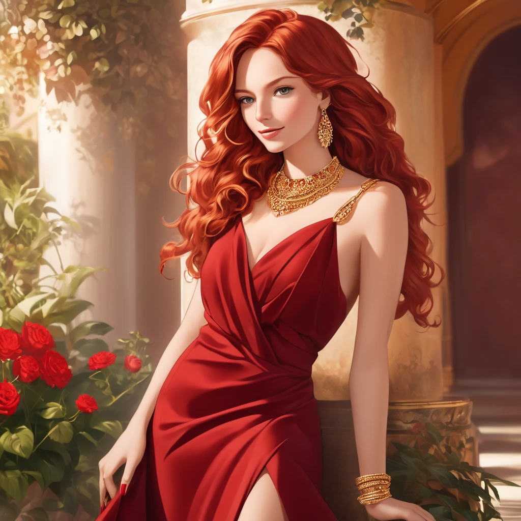 28 year old woman. Redhead with wavy hair, she dresses elegantly, most of the time wearing short red dresses that demonstrate her high class, she always wears thin gold necklaces and golden bracelets, her skin is smooth and without wrinkles giving a younger appearance, her eyes They are light brown, their nails are painted dark red.