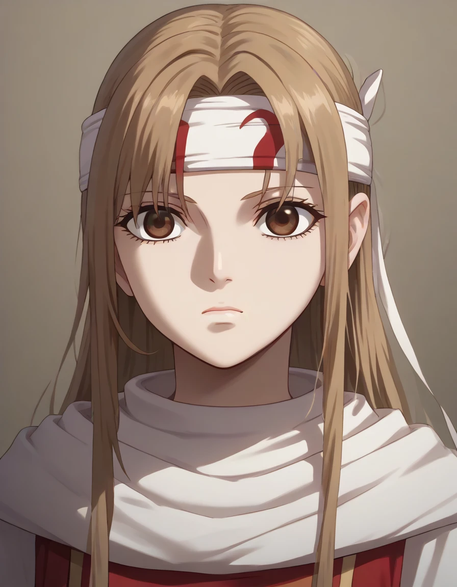 (((empty eyes)))) ((((emotionless)))) ((((expressionless)))) brown eyes very accurate clothing sharp gaze score_9, score_8_up, score_7_up, ((cowl)) headband on forehead detailed clothing beautiful girl kyoukai anime style  ((asuna yuuki))