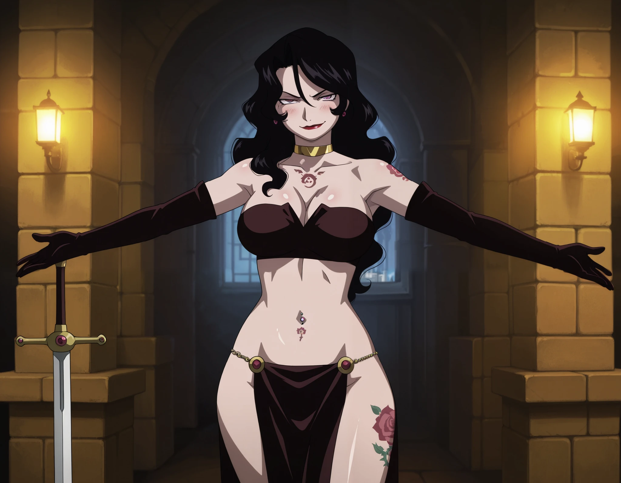 Lust, 1girl, solo, big breasts, chest tattoo, lips, gloves, masterpiece, best quality, highly detailed ,glint,halterneck,gold_choker, complex detailed background, inside, stone wall, ancient interior, ancient egyptian room, hieroglyphs, dark lighting, dark atmosphere, (cowboy shot), holding a sword, sword, belly_chain,harem_outfit,navel, necklace, pelvic_curtain,revealing_clothes, veil，masterpiece,best quality,1girl,mature,evil smile, smile, female,mature,necklace,pendant, (nsfw) not safe for work, exposed belly, exposed navel, exposed midriff, exposed lower belly,