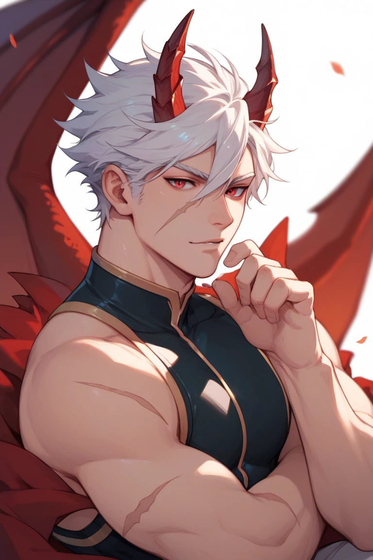 dragon man, white hair, short haircut, red horns, red eyes, white dragon tail, scars