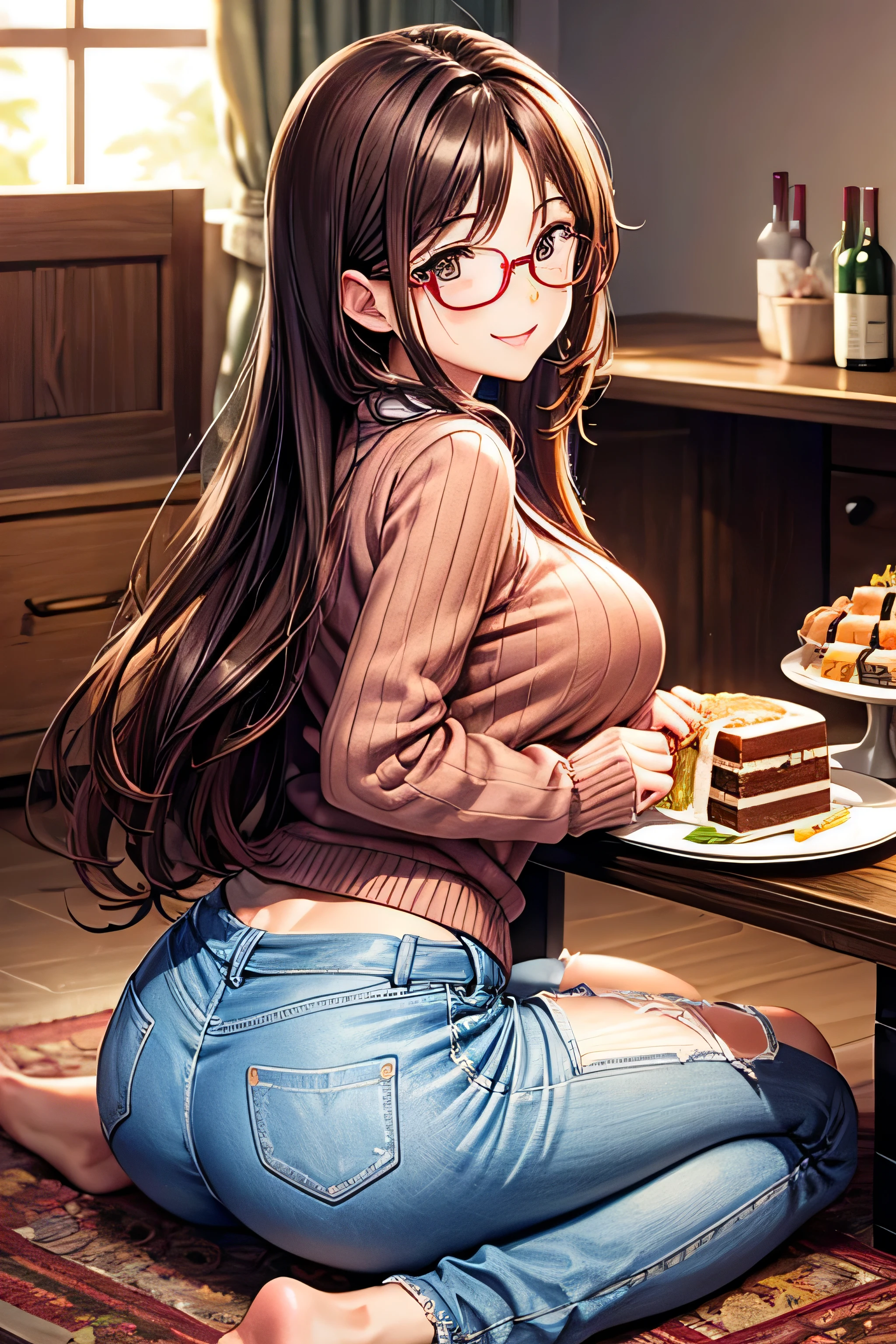 First Love Memories,
Five Fingers, No extra hands needed, 
 anime art style, high definition ,  High Quality ,  1 girl, Long brown hair,  brown eyes,heart shaped pupils,  red glasses, Sunburned skin,  Super Big Breasts , HH size bust,beautiful breasts,( big butt ),beautiful ass,smile, sweater ,jeans, warm room,carpet,椅子に座る,Roast Chicken,  wine glass ,