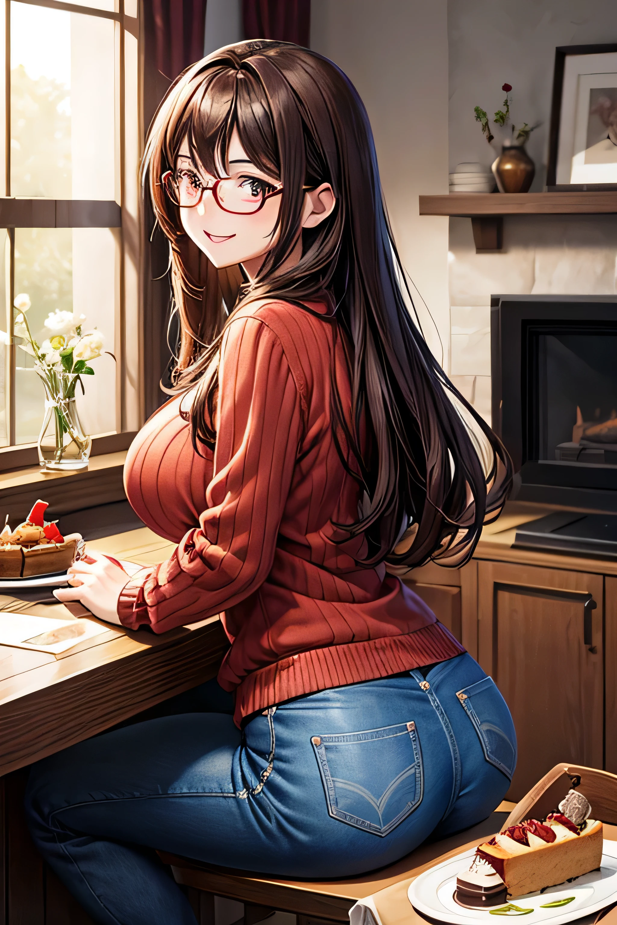 First Love Memories,
Five Fingers, No extra hands needed, 
 anime art style, high definition ,  High Quality ,  1 girl, Long brown hair,  brown eyes,heart shaped pupils,  red glasses, Sunburned skin,  Super Big Breasts , HH size bust,beautiful breasts,( big butt ),beautiful ass,smile, sweater ,jeans, warm room,carpet,椅子に座る,Roast Chicken,  wine glass ,