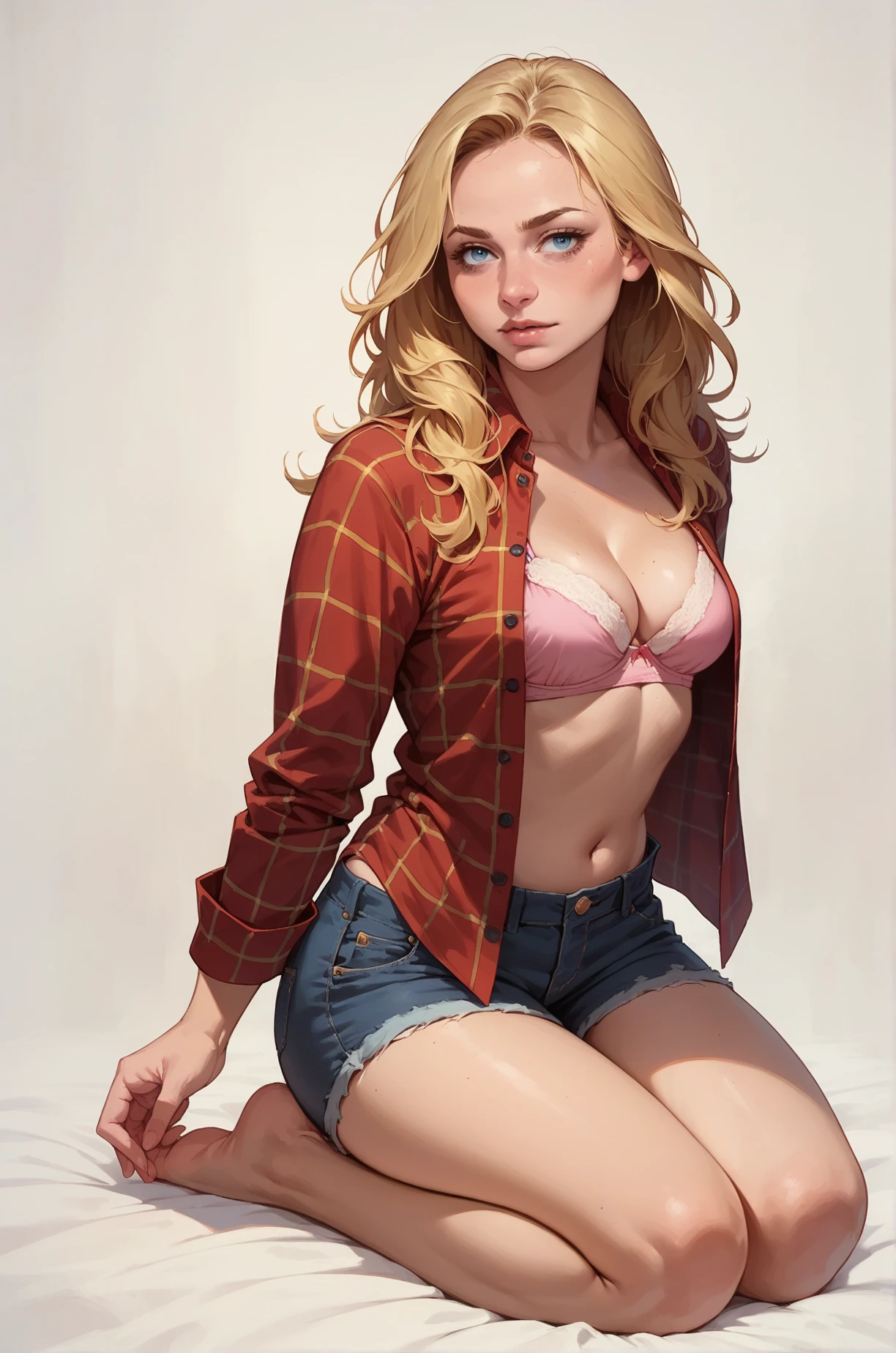 score_9, score_8_up, score_7_up, cartoon of a girl, solo, sexy, slutty, blue eyes, blonde hair, straight hair, denim shorts, red black plaid flannel shirt open, pink bra, cleavage, small breast, kneeling, moody, full body, white background