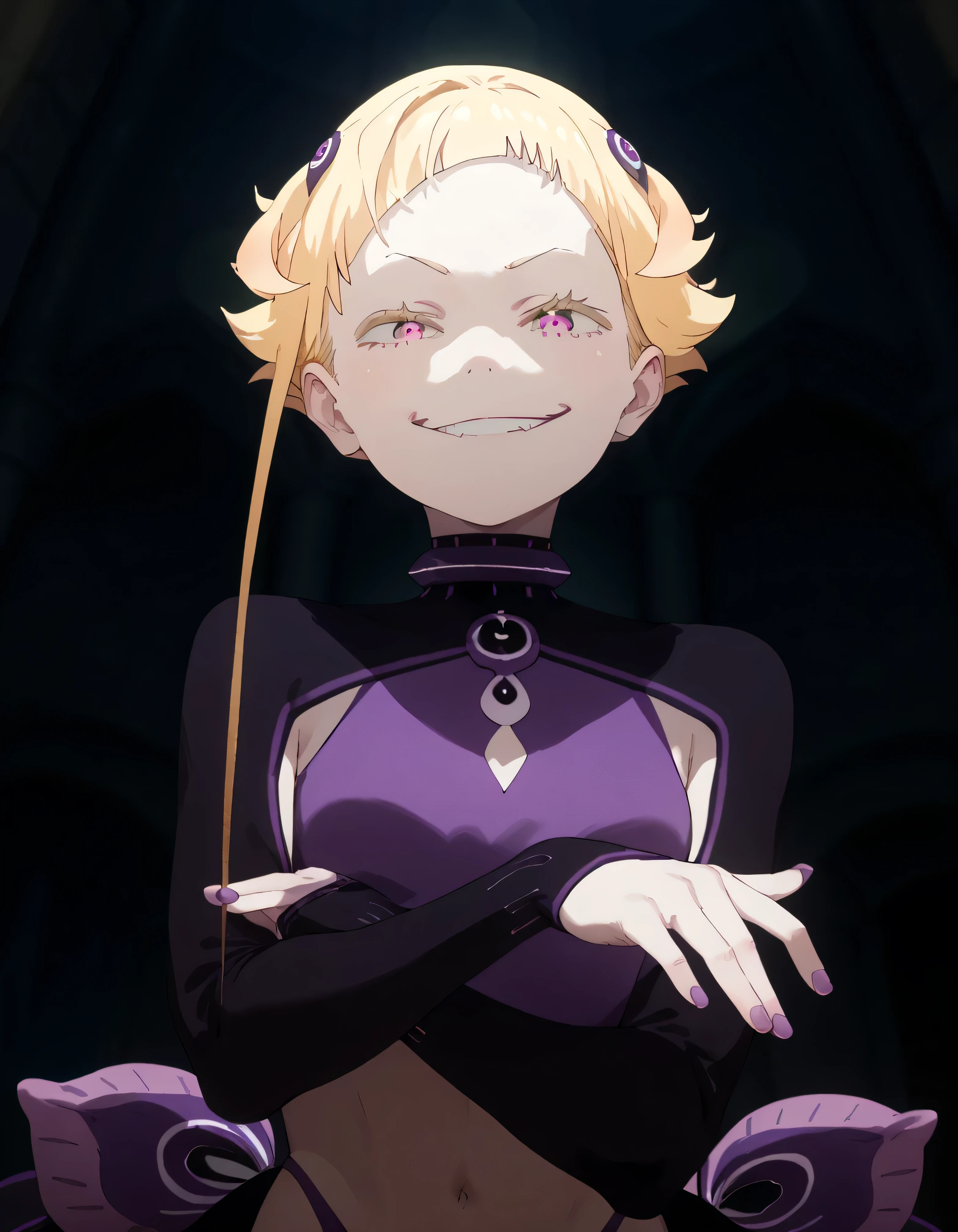 1girl, blonde hair,masterpiece , best quality,  , lookin under, , wall, smile, purple brassiere, from below,evil smirk, small loli,beautiful body,beautiful fingers,