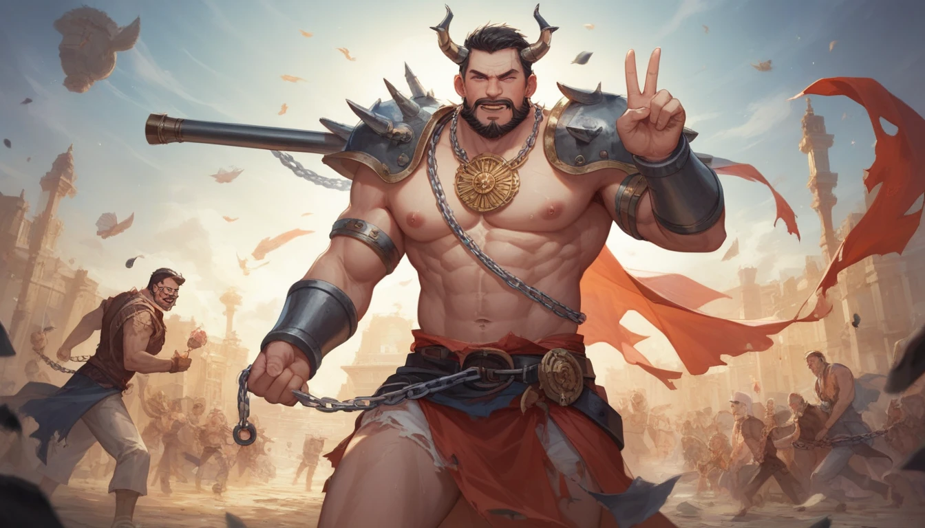 Depicts the ancient god of creativity，((()))，God who created heaven and earth，（Chinese mythology）。，Lighting，（（（Strong male beard，（Burn hair：1.4），Wield a giant axe，Split the heavens and the earth，），Exposed upper body, ，tall, shapely body，Strong body，thick mustache，strong muscle，）)，Deep background，Huang Li，marvelous and unbelievable，Epic work，(Complicated details，hyper-detailing:1.2)，ultra real photo, Epic reality, ((com cores neutras)),(pastel colour:1.2), hyper realisitc, + Cinema lenses + dynamic combination, very detailed nipples, Sharpen, Cinematic, illuminate warmly, Light effect, Dramatic light, (Complicated details:1.1), the complex background, (greg rutkovsky:0.8),fully body photo，standing on a hill，Chinese mythology，Tall figure，Tall guy，Expose strong calves，((Anatomically perfect proportions:1.6))，((anatomically correct limbs:1.6))，