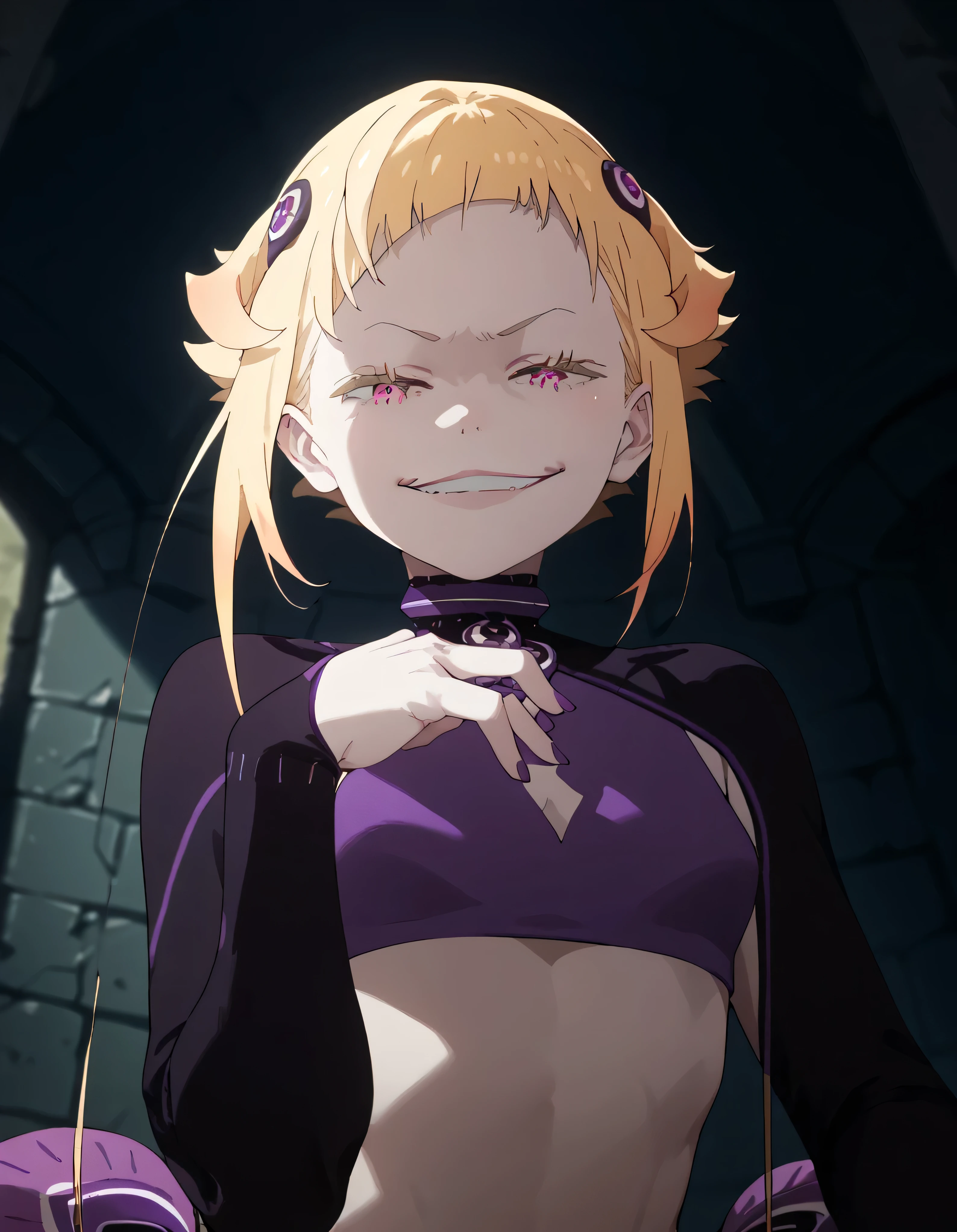 1girl, blonde hair,masterpiece , best quality,  , lookin under, , wall, smile, purple brassiere, from below,evil smirk, small loli,beautiful body,beautiful fingers,