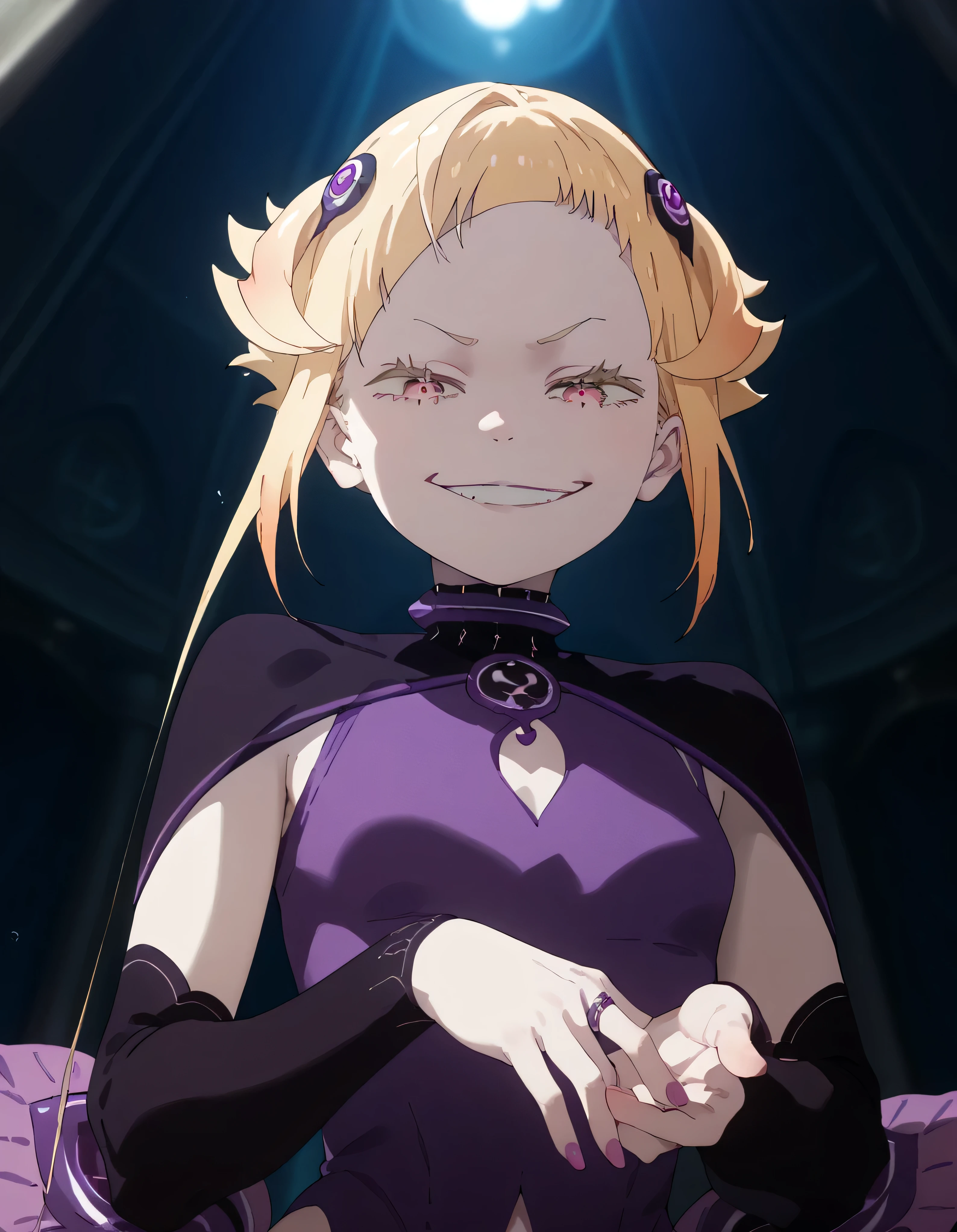 1girl, blonde hair,masterpiece , best quality,  , lookin under, ,, smile, purple brassiere, from below,evil smirk, ,small loli body,beautiful fingers,