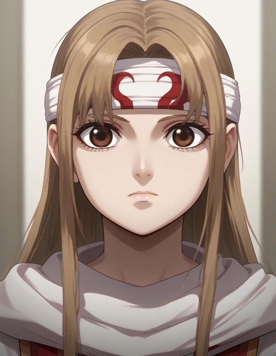 (((empty eyes)))) ((((emotionless)))) ((((expressionless)))) brown eyes very accurate clothing sharp gaze score_9, score_8_up, score_7_up, ((cowl)) headband on forehead detailed clothing beautiful girl kyoukai anime style  ((asuna yuuki))