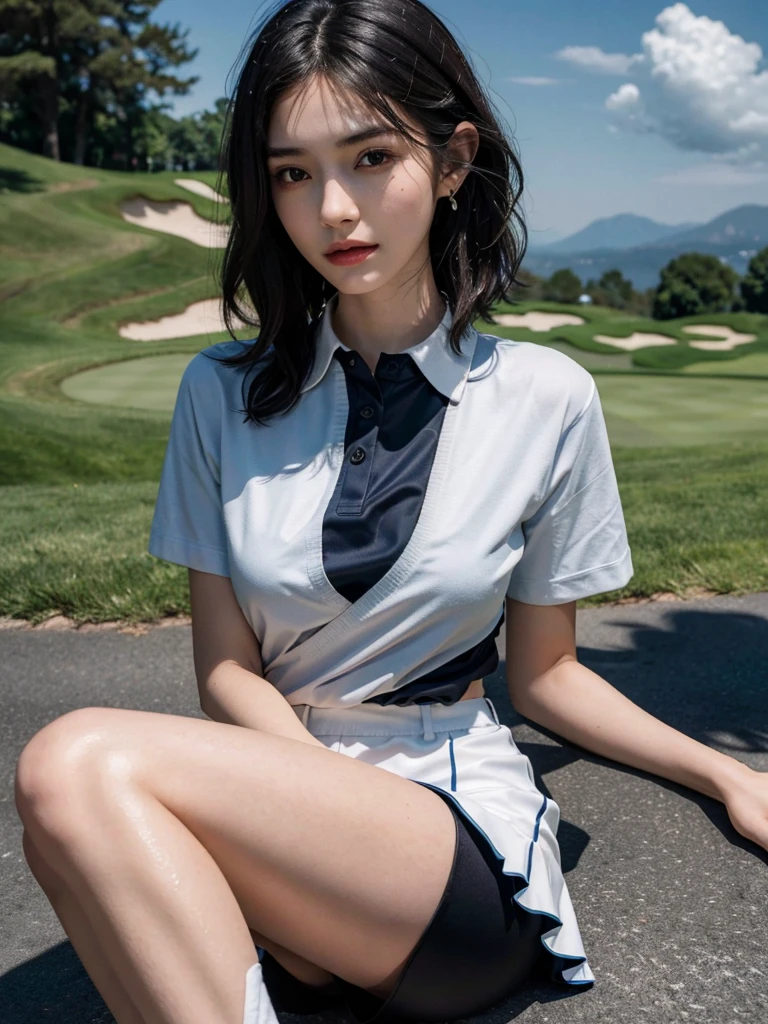 absurdres, RAW photo, extremely delicate and beautiful, masterpiece, Best Quality, ultra high resolution, 32k, hyperrealistic, ultra-detailed, perfect anatomy, perfect figure, super Detailed skin, Very detailed CG 8k wallpaper, 30 years old, very Slim body, narrow waist, very small head, very small face, delicate facial features, tearful mole, earring, thin legs, (very huge round breasts:1.2), full body shot, short hair, (wavy hair:1.2), wet clothes, tennis uniform, white polo shirt, White pleated mini skirt, perfect white panties,