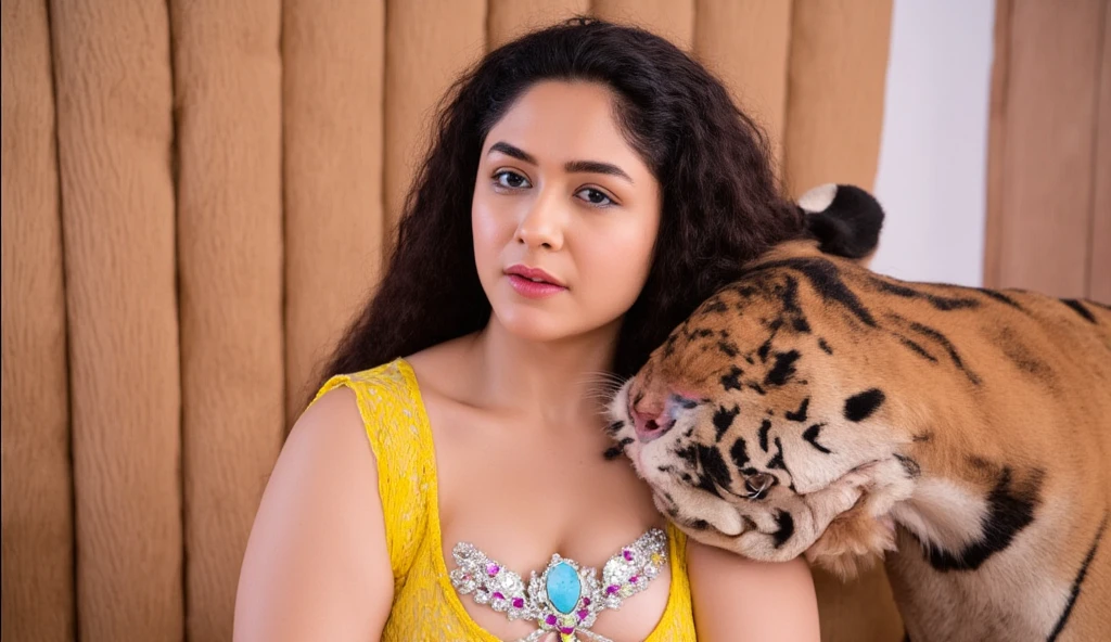 Mrunal as beautiful Indian goddess, goddess of beauty, inspired by Hindu mythology, fleshy thick figure, ideal fat body, alluring figure, Hindu Mythological goddess, with thick busty body and huge  wearing and gemstones jewellery, curly long hair, dress made of beautiful jewellery and gemstones, playing with tiger.