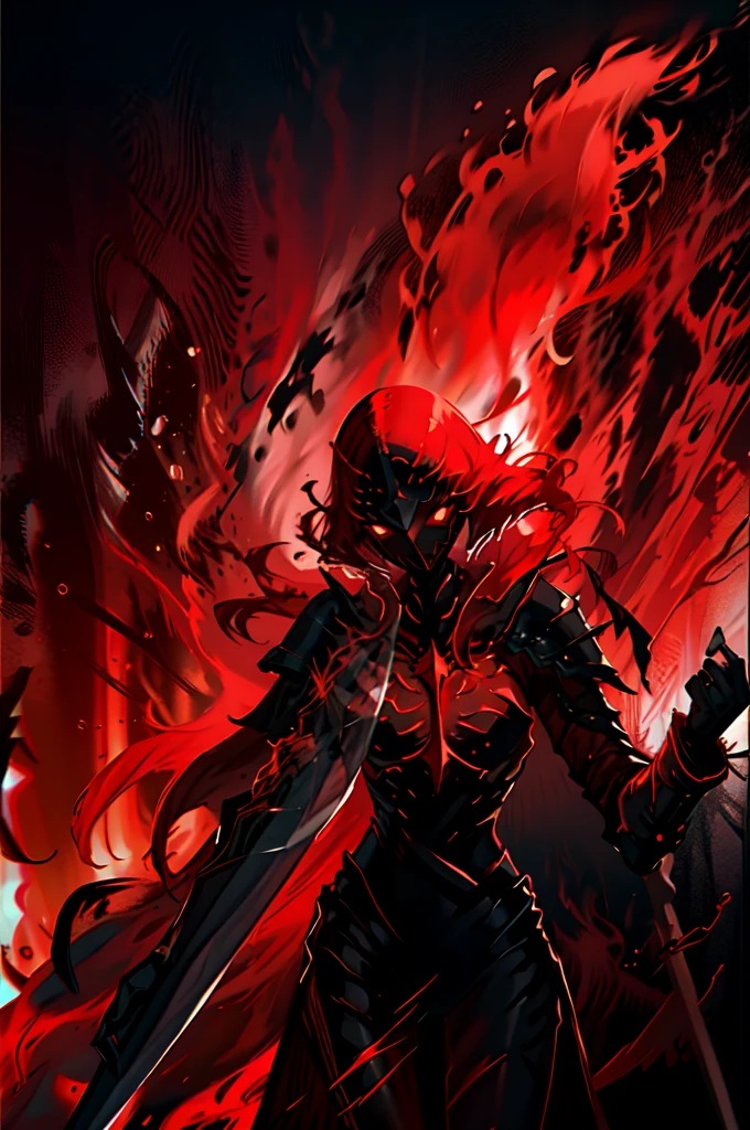  best details, masterpiece,  top quality,  black armor,Red luminous texture ,  clock, Red Cape, Alone,  torn clothes, holds a mimicly sword,  best details, masterpiece,  top quality,   black armor,The red glowing texture  , Red Cape, Alone,   torn clothes,(  holds something imitating a sword:1.1), dynamic，woman，Red Mist,  High Contrast，