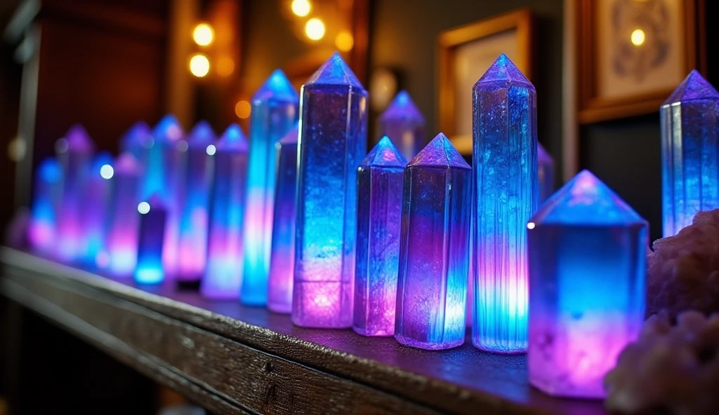 ((masterpiece)) ((photography)) ((Highest quality)) A wooden shelf displaying a collection of vibrant, polished crystals in various shades of blue and purple. The crystals are large, elongated, and pointy, arranged uniquely with a soft, warm light illuminating their facets, highlighting the natural beauty and intricate details of each stone. The background features hints of vintage decor, enhancing the mystical and enchanting atmosphere.