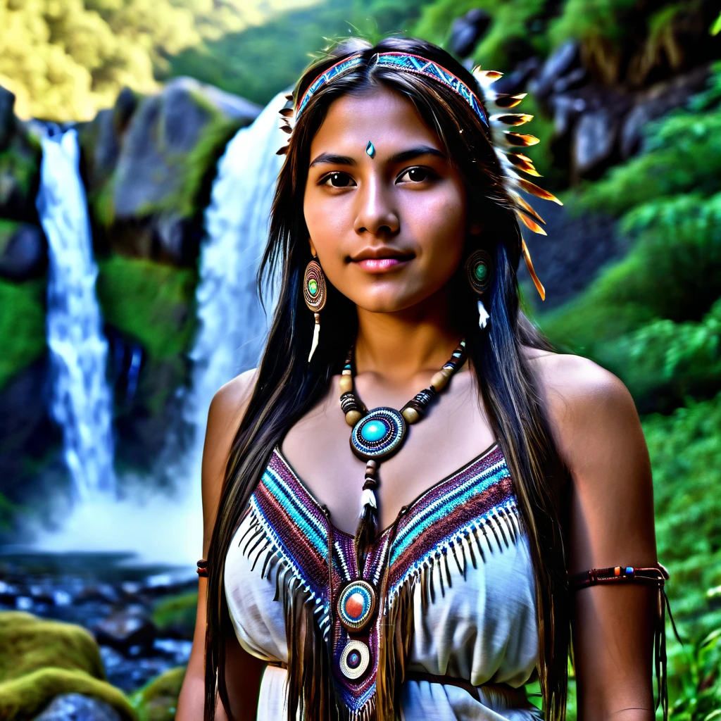 (granulated:0.5), cinematic,  beautiful 25-year-old girl,native american,Fantasy,(Alone:1.3),  detailed brown eyes ,  detailed face , detalhado native american sexy roupa ,  volumetric lighting , twilight,  extremely detailed background , standing next to the forest , mountains, flores, waterfall,  smiling, half-open eyes, head tilted, from the side,  sitting next to your wolf 