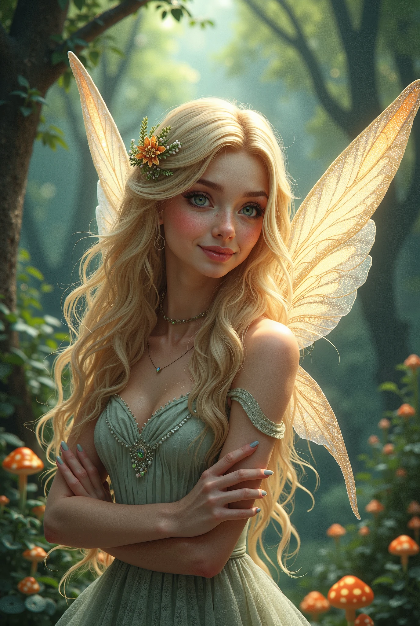 A beautiful blonde-haired green-eyed fairy girl, detailed portrait, detailed face, beautiful detailed eyes, beautiful detailed lips, extremely detailed eyes and face, long eyelashes, delicate porcelain skin, whimsical expression, ethereal aura, fairy wings, glowing magical energy, lush fantasy forest background, sunbeams, golden hour lighting, vibrant colors, cinematic lighting, photorealistic, 8k, best quality, masterpiece