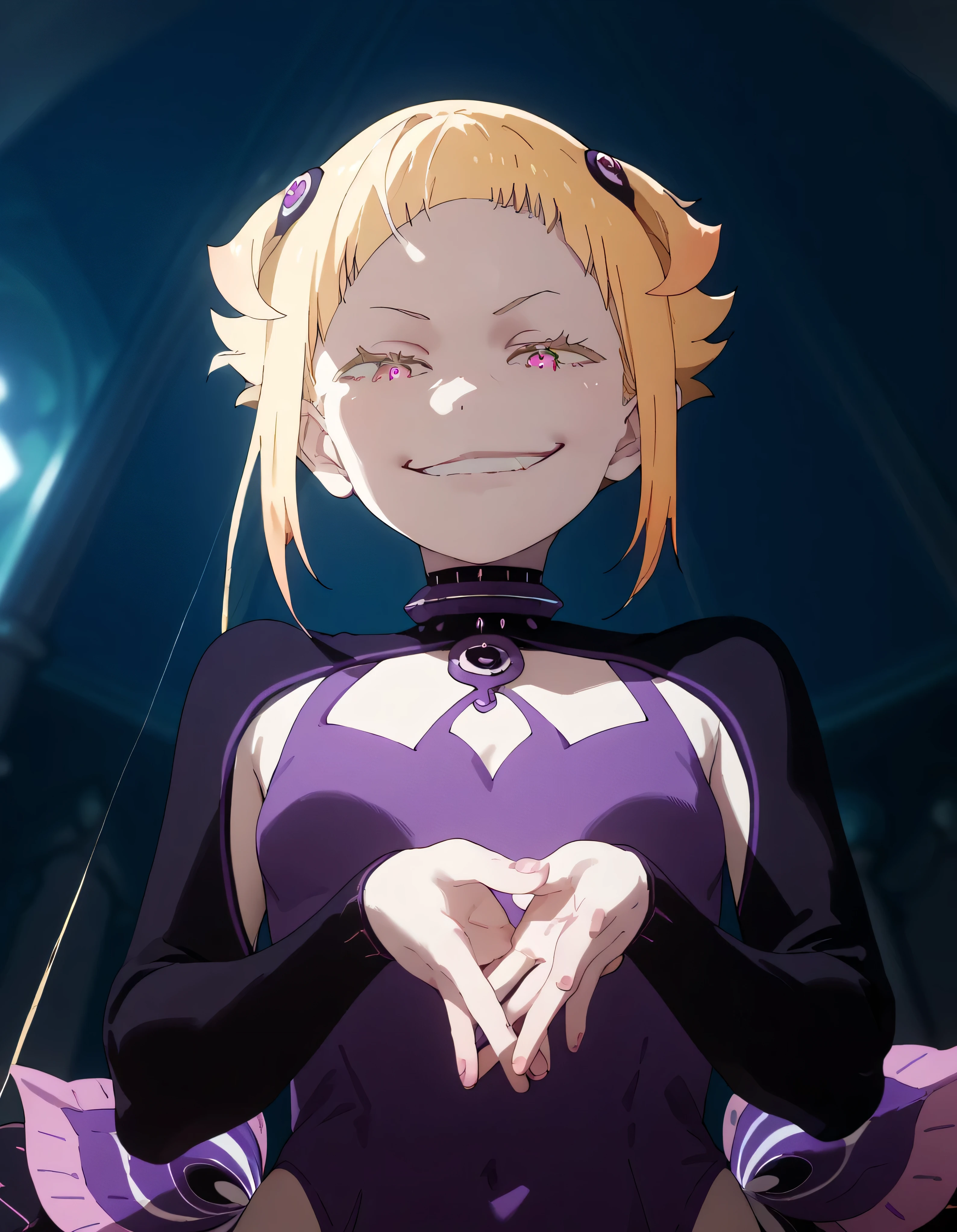 1girl, blonde hair,masterpiece , best quality,  , lookin under, ,, smile, purple brassiere, from below,evil smirk, small girl,small loli,beautiful body,beautiful fingers,two hands,