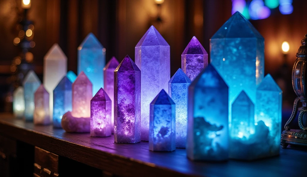 ((masterpiece)) ((photography)) ((Highest quality)) A wooden shelf displaying a collection of vibrant, polished crystals in various shades of blue and purple. The crystals are large, elongated, and pointy, arranged uniquely with a soft, warm light illuminating their facets, highlighting the natural beauty and intricate details of each stone. The background features hints of vintage decor, enhancing the mystical and enchanting atmosphere.