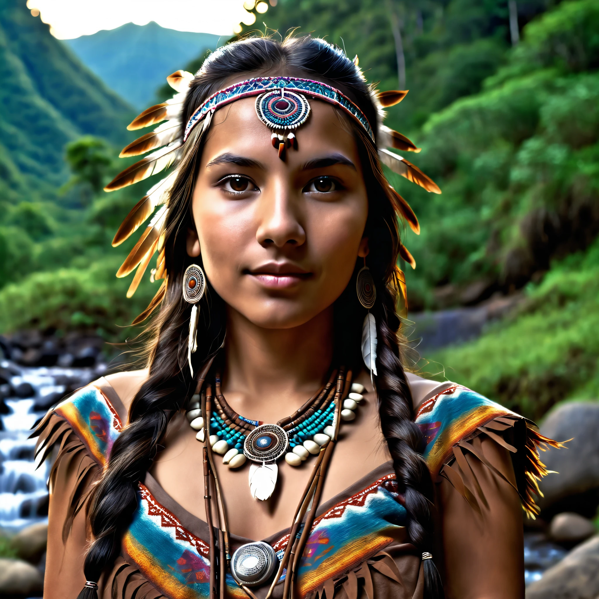 (granulated:0.5), cinematic,  beautiful 25-year-old girl,native american,Fantasy,(Alone:1.3),  detailed brown eyes ,  detailed face , detalhado native american sexy roupa ,  volumetric lighting , twilight,  extremely detailed background , standing next to the forest , mountains, flores, waterfall,  smiling, half-open eyes, head tilted, from the side,  sitting next to your wolf 