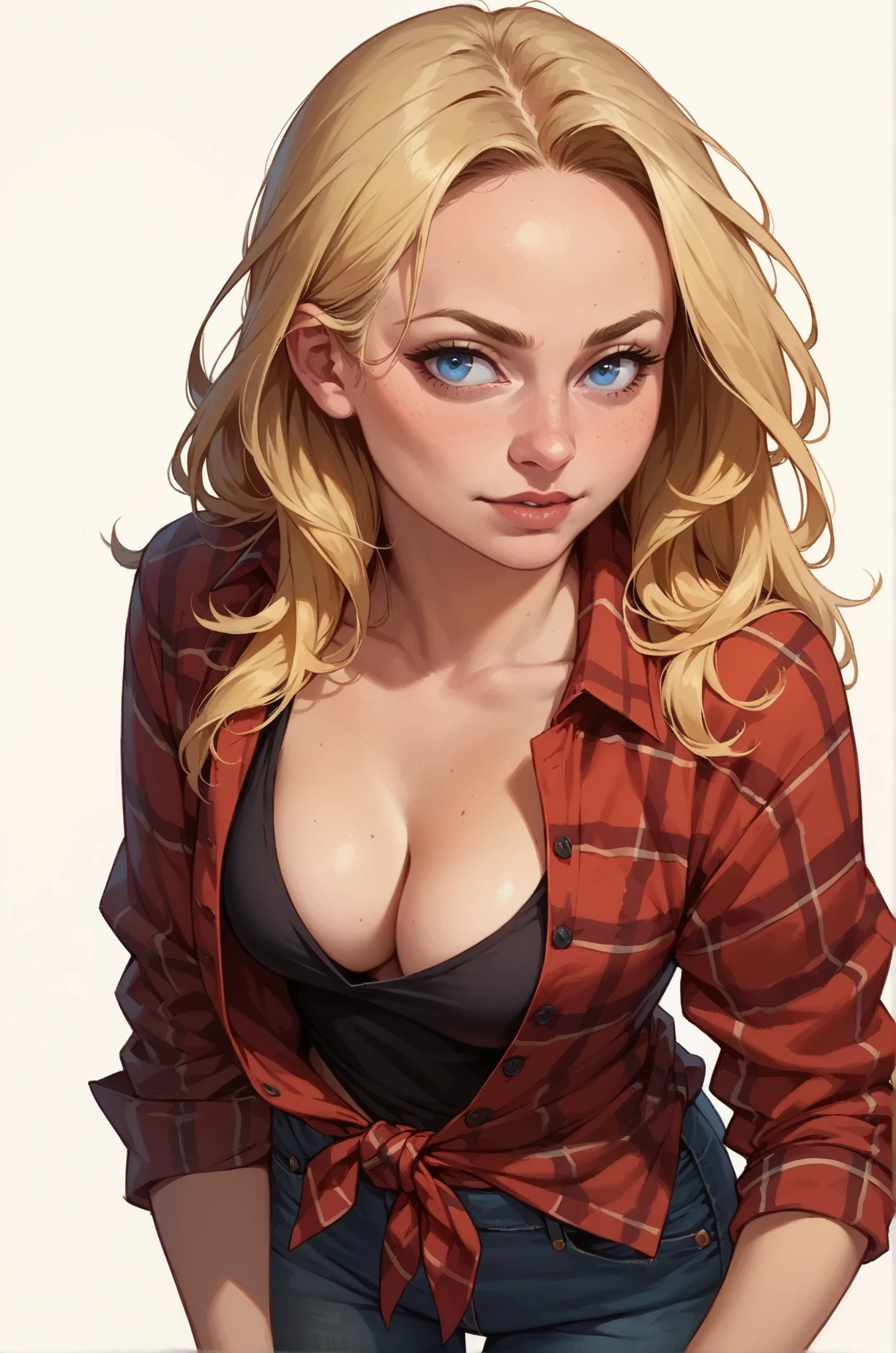 score_9, score_8_up, score_7_up, cartoon of a girl, solo, sexy, slutty, blue eyes, blonde hair, red black plaid flannel shirt open, black sleeveless, jeans, cleavage, small breast, standing, white background