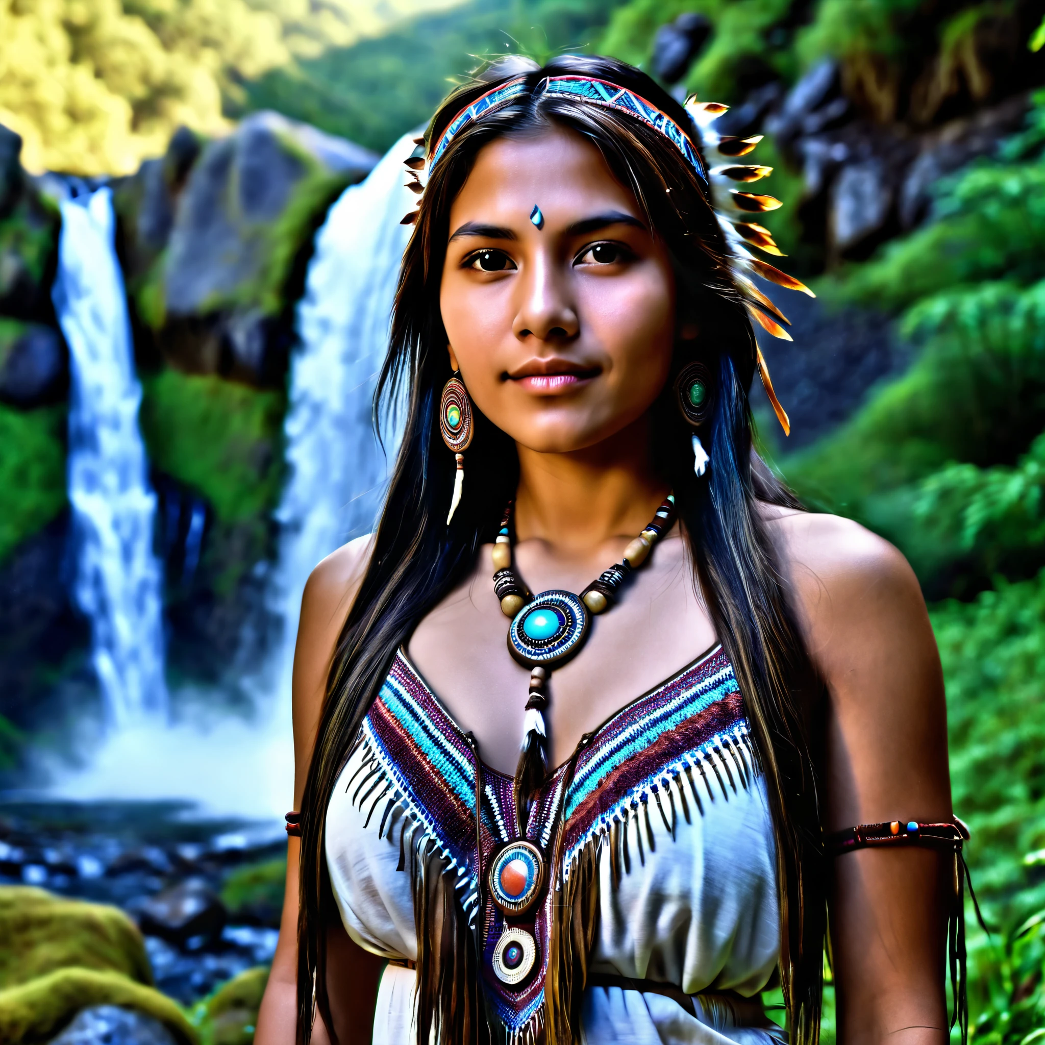 (granulated:0.5), cinematic,  beautiful 25-year-old girl,native american,Fantasy,(Alone:1.3),  detailed brown eyes ,  detailed face , detalhado native american sexy roupa ,  volumetric lighting , twilight,  extremely detailed background , standing next to the forest , mountains, flores, waterfall,  smiling, half-open eyes, head tilted, from the side,  sitting next to your wolf 