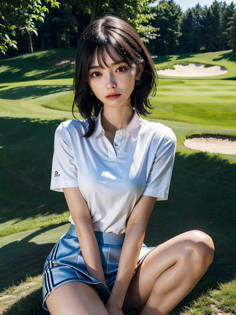 absurdres, RAW photo, extremely delicate and beautiful, masterpiece, Best Quality, ultra high resolution, 32k, hyperrealistic, ultra-detailed, perfect anatomy, perfect figure, super Detailed skin, 20 years old, very Slim body, narrow waist, very small head, very small face, delicate facial features, tearful mole, earring, thin legs, bare legs, ((very huge round breasts)), short medium hair, ((wavy hair)), wet clothes, (((golf uniform))), shorts,