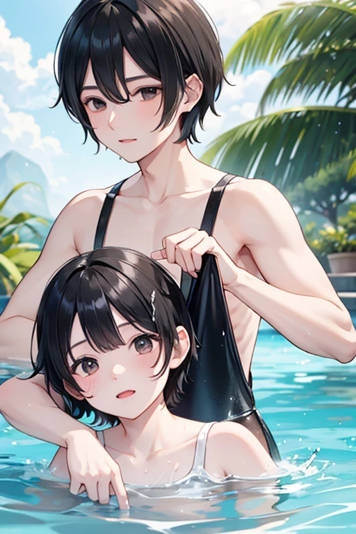 The upper body of the naughty black-haired prince playing with water on his younger brother in a swimsuit
