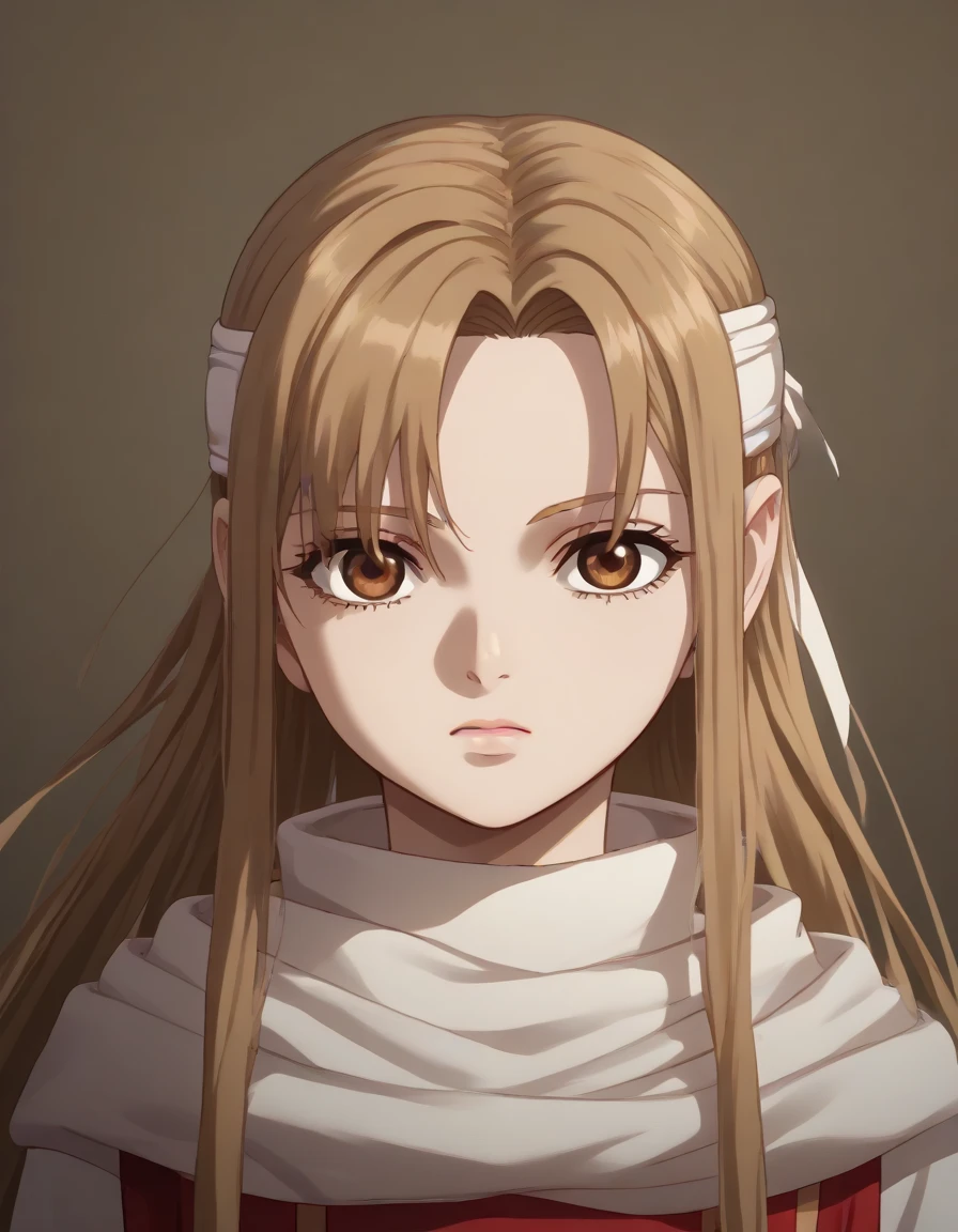 empty eyes brown eyes very accurate clothing sharp gaze score_9, score_8_up, score_7_up, ((cowl)) headband on forehead detailed clothing beautiful girl kyoukai anime style  ((asuna yuuki))