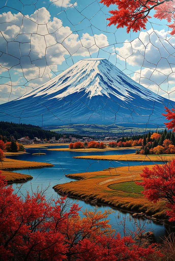 Mount Fuji, glorious painterly patchwork art piece made from colorful broken glass shards, effective effects, bold and dynamic, contrasts of light and shadow, 2.5D, artistic photography, hyper realistic, ultra detailed, absolutely resolution, masterpiece