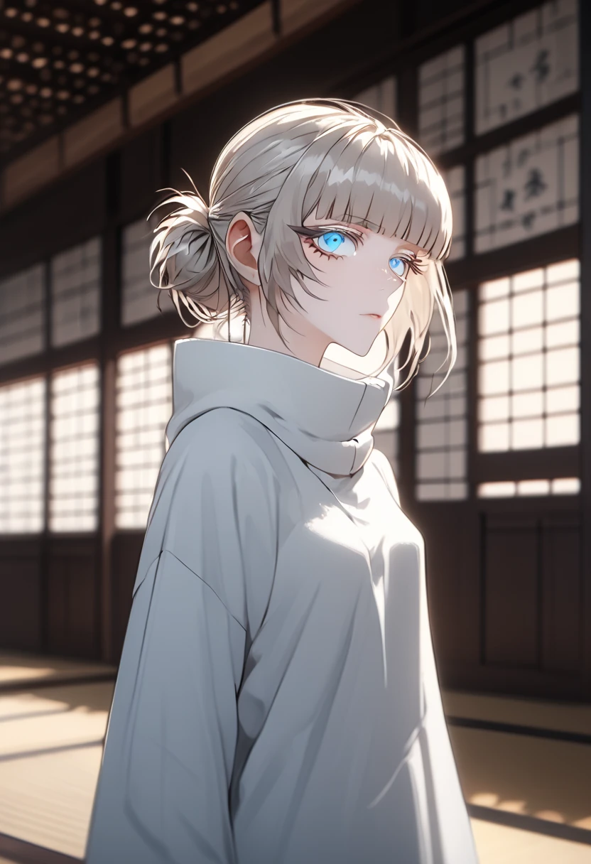 Anime style, 1 girl, 1 sexy girl, white pale skinned girl, porcelain skin, blue eyes, (HAIR: light blonde straight cut, long length, full bangs covering eyebrows, side framing fringe, extra long hair ) (BODY: flat chested, skinny, short )(best quality, 4k, 8k, highres, masterpiece:1.2), ultra-detailed, HDR, UHD, studio lighting, detailed eyes, ultra-fine painting, sharp focus, physically-based rendering, extreme detail description, professional, vivid colors, in a dojo, holding a katana, score_9, score_8_up, score_9_up, source_anime