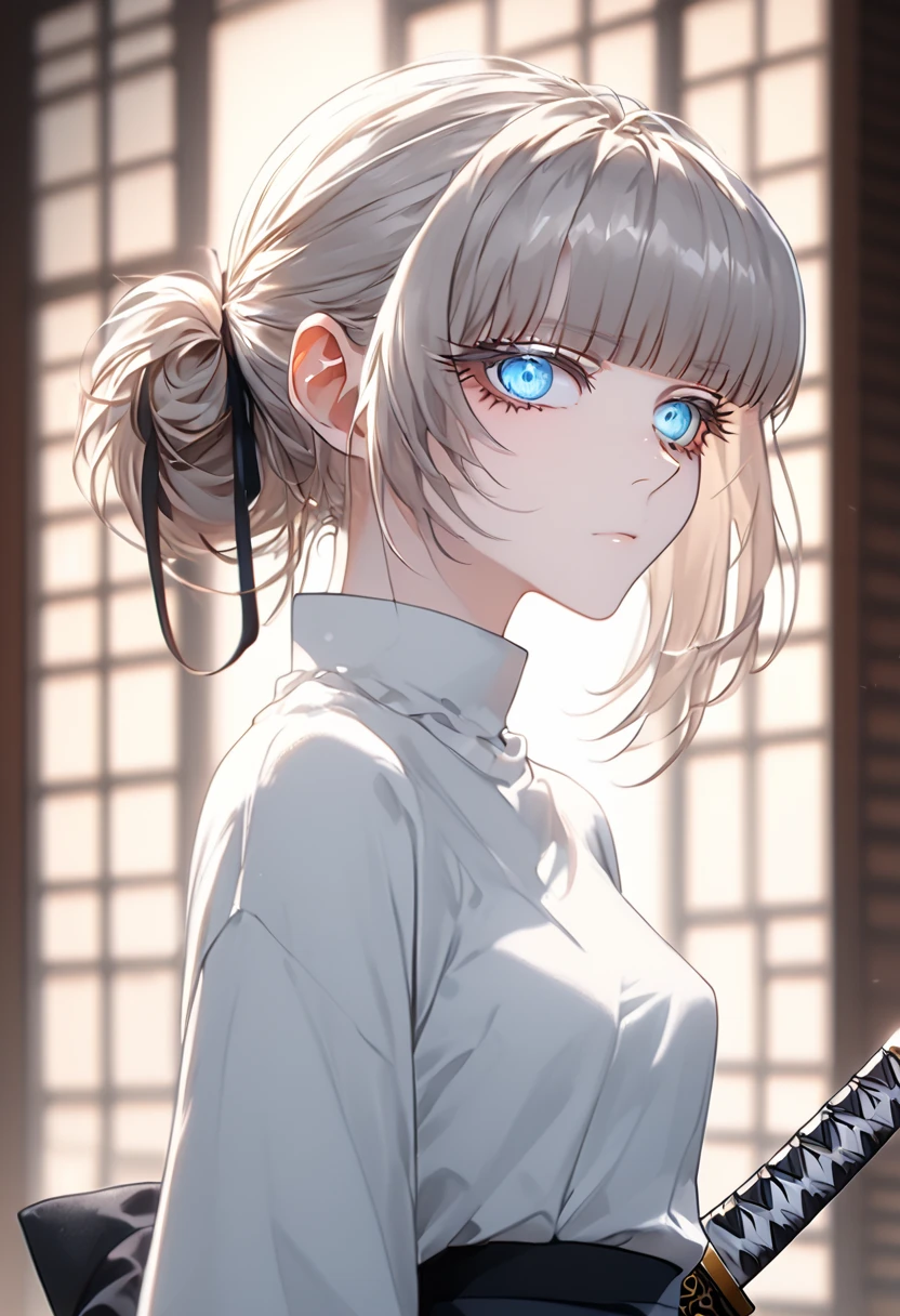 Anime style, 1 girl, 1 sexy girl, white pale skinned girl, porcelain skin, blue eyes, (HAIR: light blonde straight cut, long length, full bangs covering eyebrows, side framing fringe, extra long hair ) (BODY: flat chested, skinny, short )(best quality, 4k, 8k, highres, masterpiece:1.2), ultra-detailed, HDR, UHD, studio lighting, detailed eyes, ultra-fine painting, sharp focus, physically-based rendering, extreme detail description, professional, vivid colors, in a dojo, holding a katana, score_9, score_8_up, score_9_up, source_anime