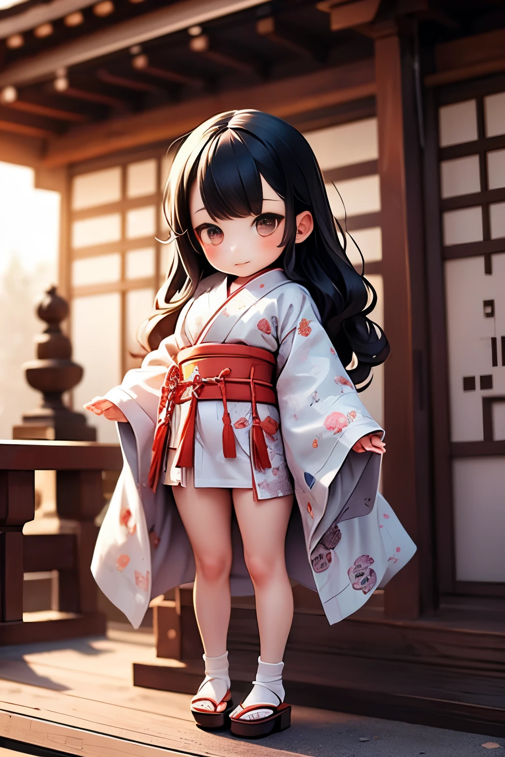 young girls  , ,  very short， toddler figure ,  height less than 100 , kimono,  small breasts, patterned cotton loincloth，Real fabric ,  black hair, kimono, Old Shrine