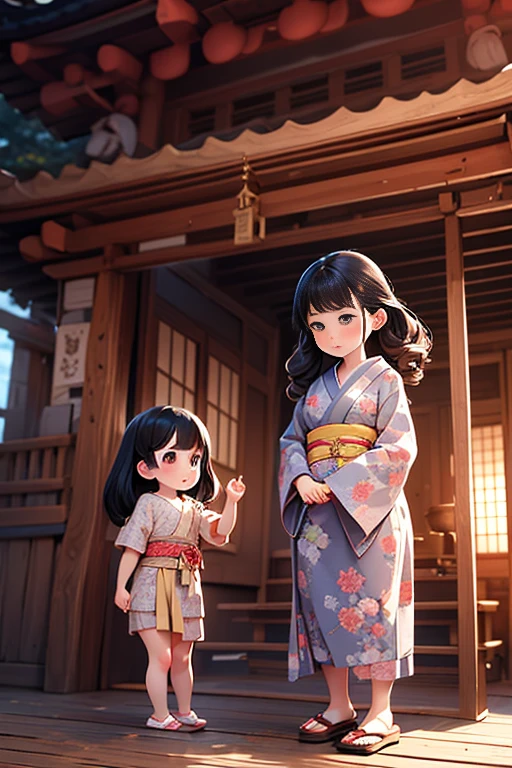 young girls  , ,  very short， toddler figure ,  height less than 100 , kimono,  small breasts, patterned cotton loincloth，Real fabric ,  black hair, kimono, Old Shrine