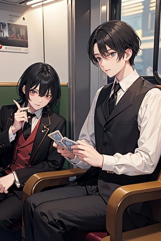 The older brother of the black-haired wizard and the younger brother of the blond merchant are playing cards on the train