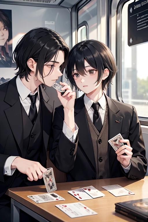 The older brother of the black-haired wizard and the younger brother of the blond merchant are playing cards on the train