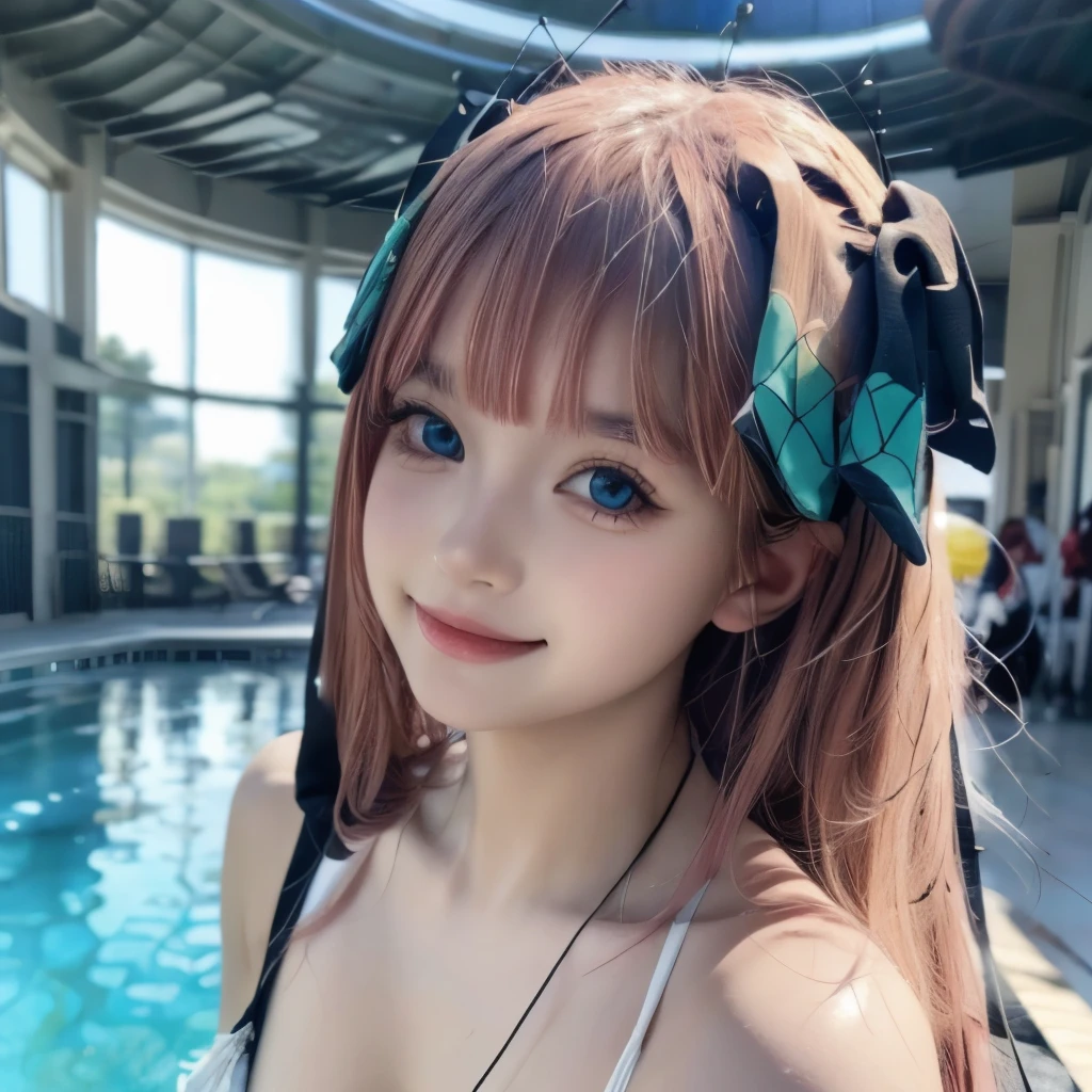 (realistic:2),(masterpiece:2), (highest quality:2),(High-definition face drawing:1.4),(RAW photo:1.3),,(cinematic natural light effects:1.3)(everything is beautiful and perfectly balanced), (Smile of a very happy teenage girl:1.2),(Japanese: 1.2),(small face:1.2), (dynamic pose:1.5), (Large eyes with good balance between both eyes:1.5), (Metallic bikini that reflects pink light), (Metallic long boots that reflect pink light), (Metallic opera gloves that reflect pink light), (Metallic headband that reflects pink light), (poolside:1.3), extreme light effects, gal.safetensors, GirlfriendMix2:1