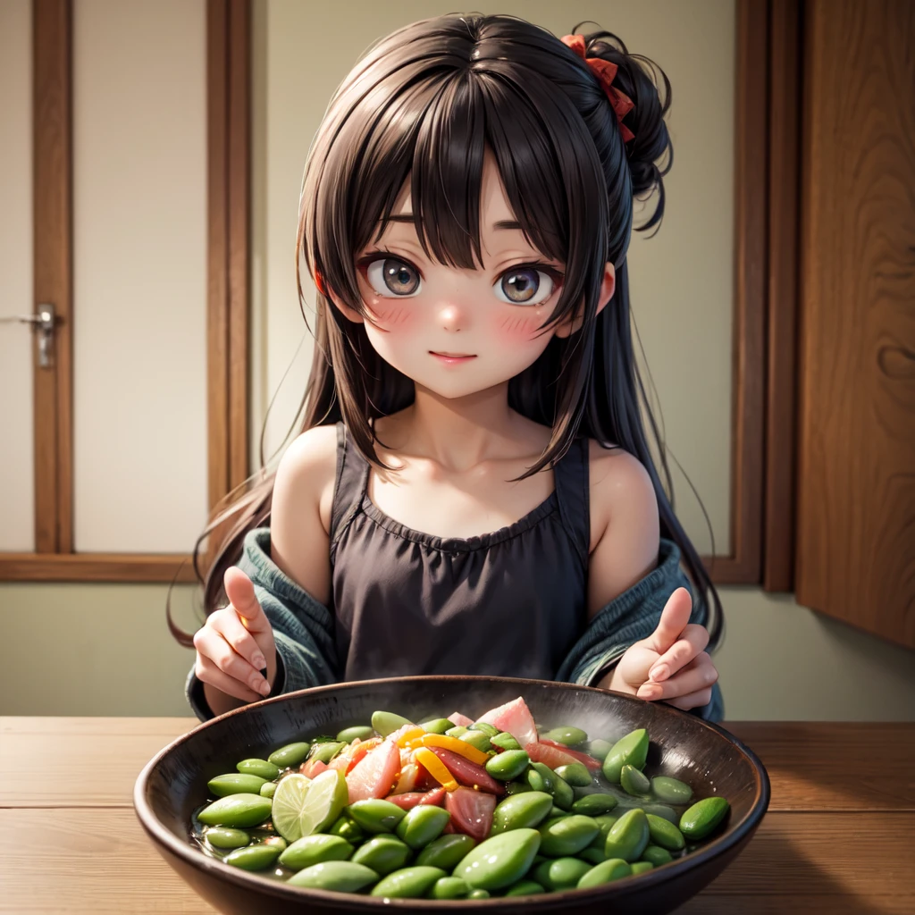 Edamame is delicious!, a smile, Looking at the camera, Casual and cute clothes, Fingers accurately, Get the person right, beloved, kawaii