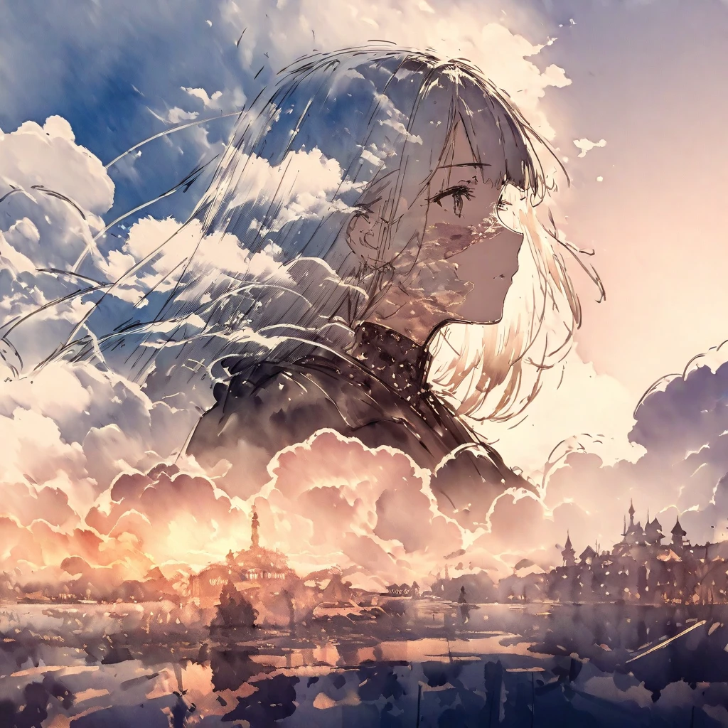 ((sketch:1.5)), ((watercolor:1)), Double Exposure of a Beautiful and Delicate Woman (The face is clear and perfect)image，Background、 perfect ultra-detailed Victorian landscape ,  beautiful,  beautiful笑顔, complicated illustration,  artwork concept artwork, break,( the clouds that covered the entire surface 、Before I knew it, it cleared up ),