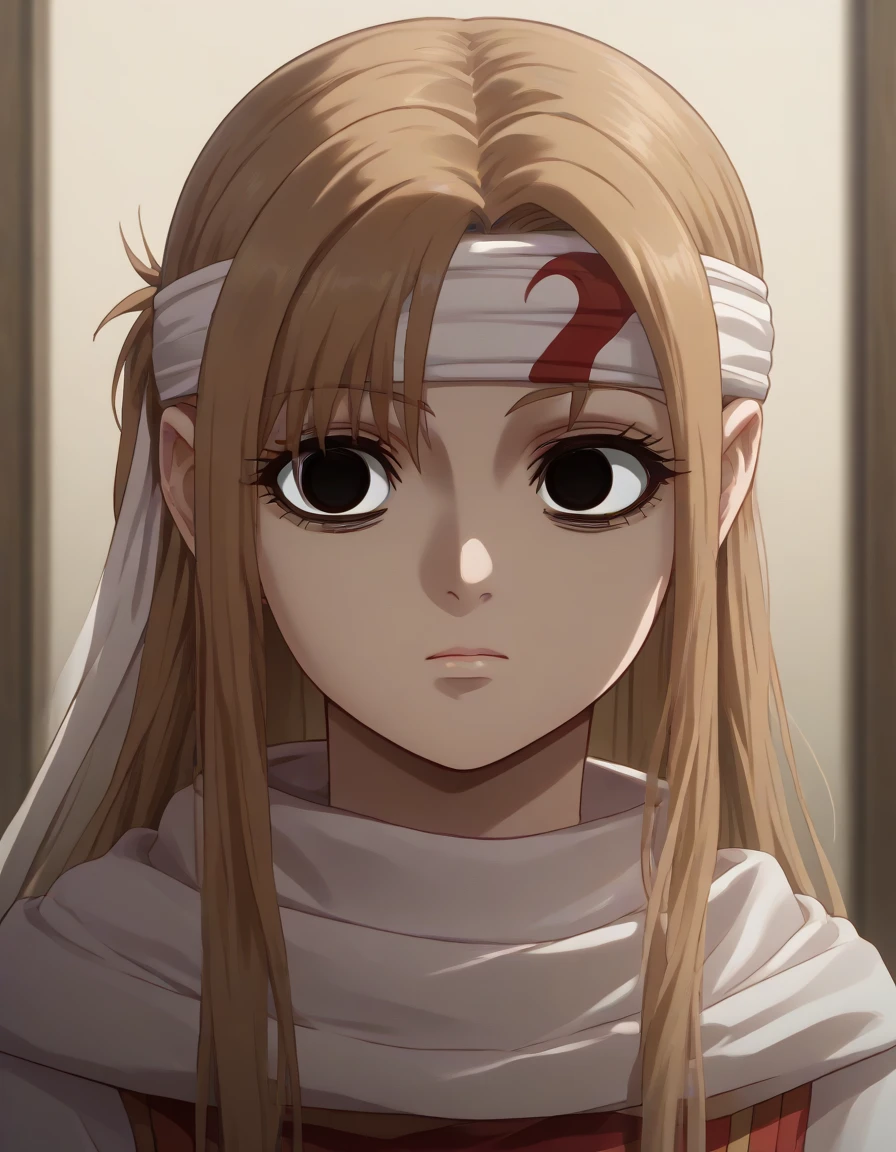 (((((((empty eyes))))))) brown eyes very accurate clothing sharp gaze score_9, score_8_up, score_7_up, ((cowl)) headband on forehead detailed clothing beautiful girl kyoukai anime style ((asuna yuuki))