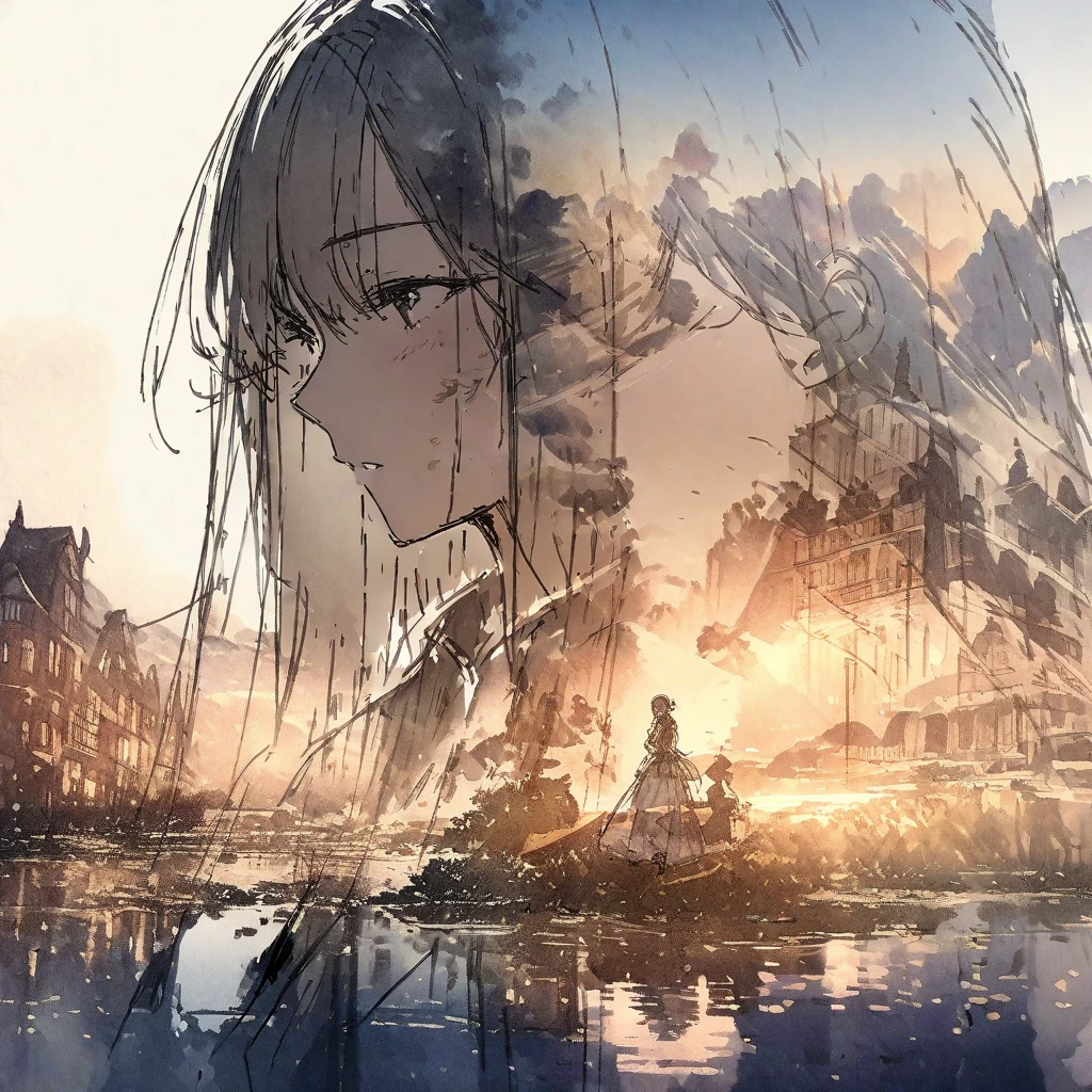 ((sketch:1.5)), ((watercolor:1)), Double Exposure of a Beautiful and Delicate Woman (The face is clear and perfect)image，Background、 perfect super detailed victorian landscape ,  beautiful,  beautiful笑顔, complicated illustration,  artwork concept artwork, break,( the pond without fish 、Since when has it been cloudy ),