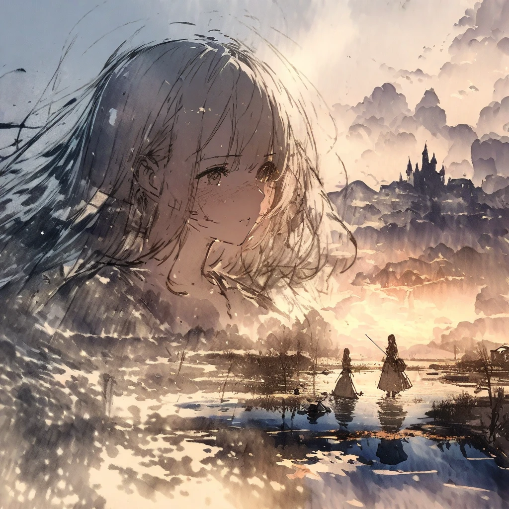 ((sketch:1.5)), ((watercolor:1)), Double Exposure of a Beautiful and Delicate Woman (The face is clear and perfect)image，Background、 perfect super detailed victorian landscape ,  beautiful,  beautiful笑顔, complicated illustration,  artwork concept artwork, break,( the pond without fish 、Since when has it been cloudy ),