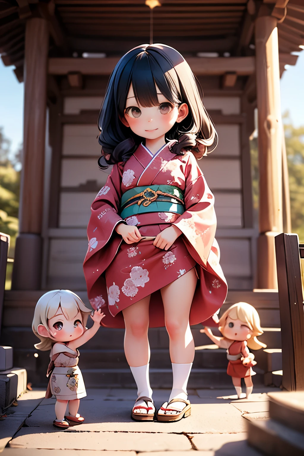 young girls  , ,  very short， toddler figure ,  height less than 100 , kimono,  small breasts, patterned cotton loincloth，Real fabric ,  black hair, kimono, Old Shrine