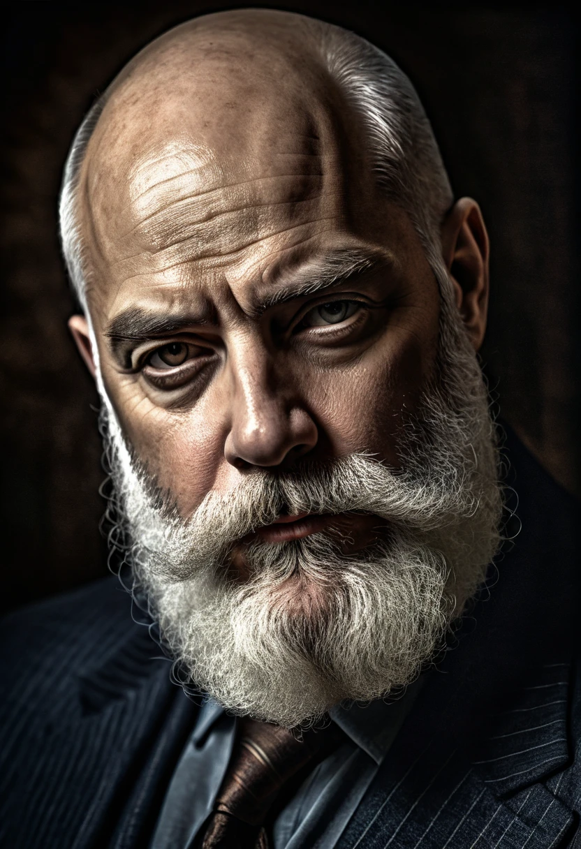 a 50 year old bald man with long white beard, detailed facial features, serious expression, cinematic dramatic lighting, cinematic composition, intricate detailed texture, portrait, oil painting, chiaroscuro, dramatic shadows, moody atmosphere, muted color palette, classical painting style