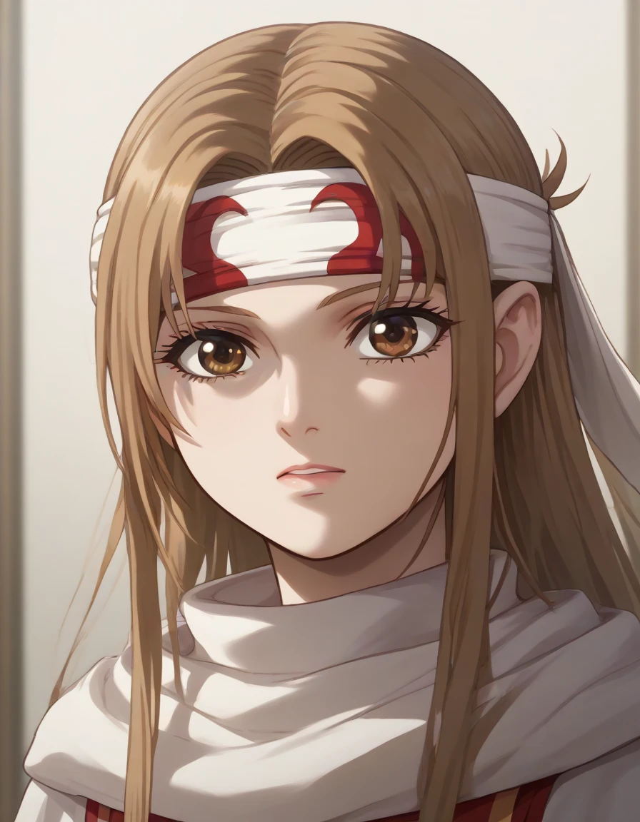 (((((((emotionless))))))) brown eyes very accurate clothing sharp gaze score_9, score_8_up, score_7_up, ((cowl)) headband on forehead detailed clothing beautiful girl kyoukai anime style ((asuna yuuki))